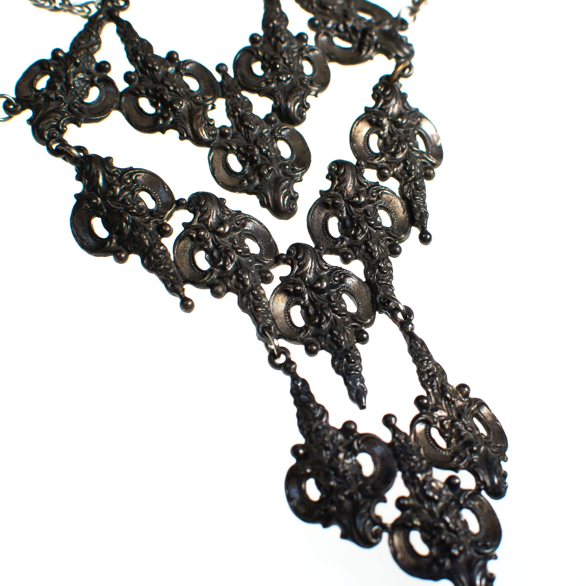 Vintage Victorian Gothic Revival Silver Statement Necklace by 1970s - Vintage Meet Modern Vintage Jewelry - Chicago, Illinois - #oldhollywoodglamour #vintagemeetmodern #designervintage #jewelrybox #antiquejewelry #vintagejewelry