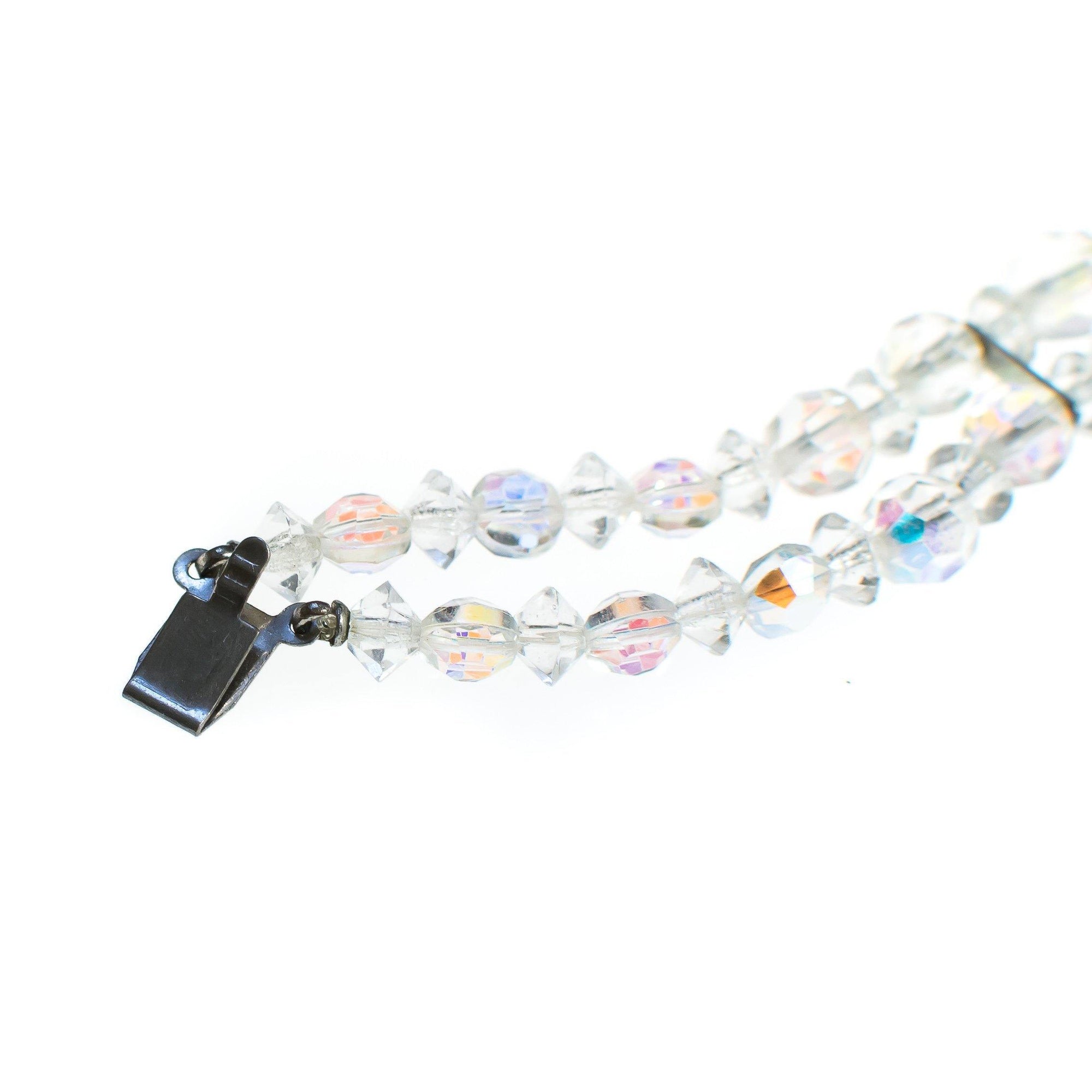 Vintage Double Strand Faceted Aurora Borealis Crystal Beaded Bracelet with Silver Filigree Clasp by Aurora Borealis - Vintage Meet Modern Vintage Jewelry - Chicago, Illinois - #oldhollywoodglamour #vintagemeetmodern #designervintage #jewelrybox #antiquejewelry #vintagejewelry