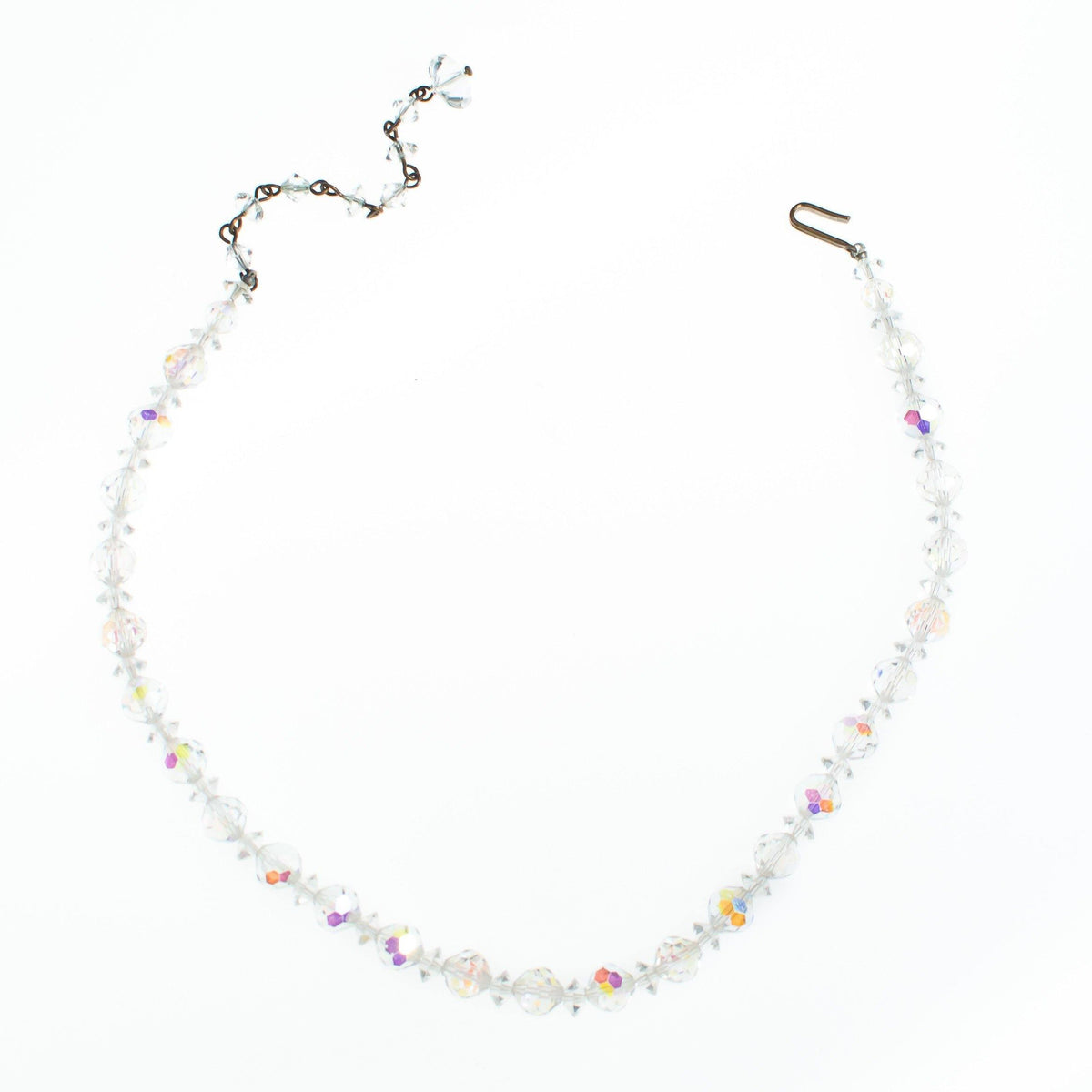 Vintage 1950s Mid Century Modern Iridescent Aurora Borealis Faceted Crystal Single Strand Necklace