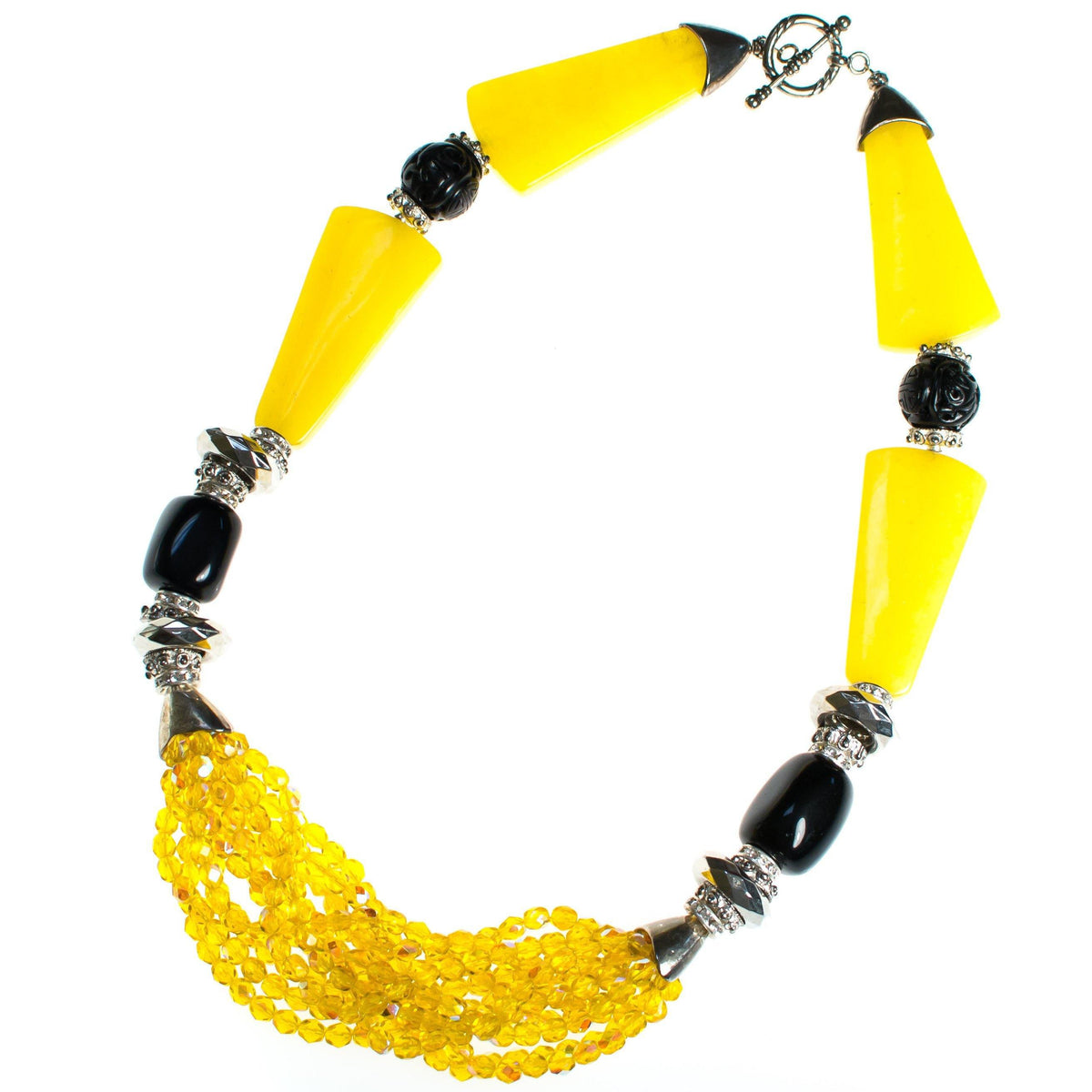 Vintage Artisan One of a Kind Yellow Jadeite Black Onyx Yellow Aurora Borealis Statement Necklace