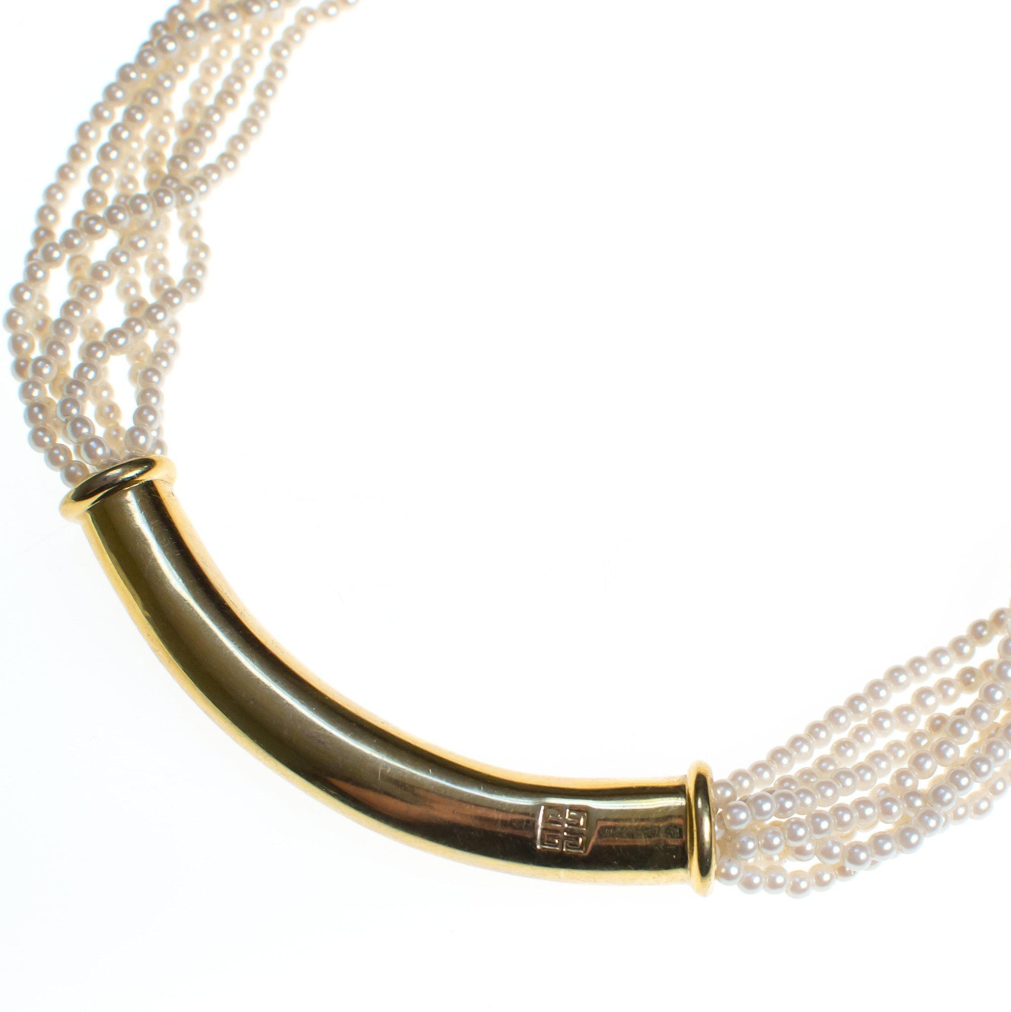 Vintage Givenchy Couture Pearl and Gold Logo Necklace by Givenchy - Vintage Meet Modern Vintage Jewelry - Chicago, Illinois - #oldhollywoodglamour #vintagemeetmodern #designervintage #jewelrybox #antiquejewelry #vintagejewelry