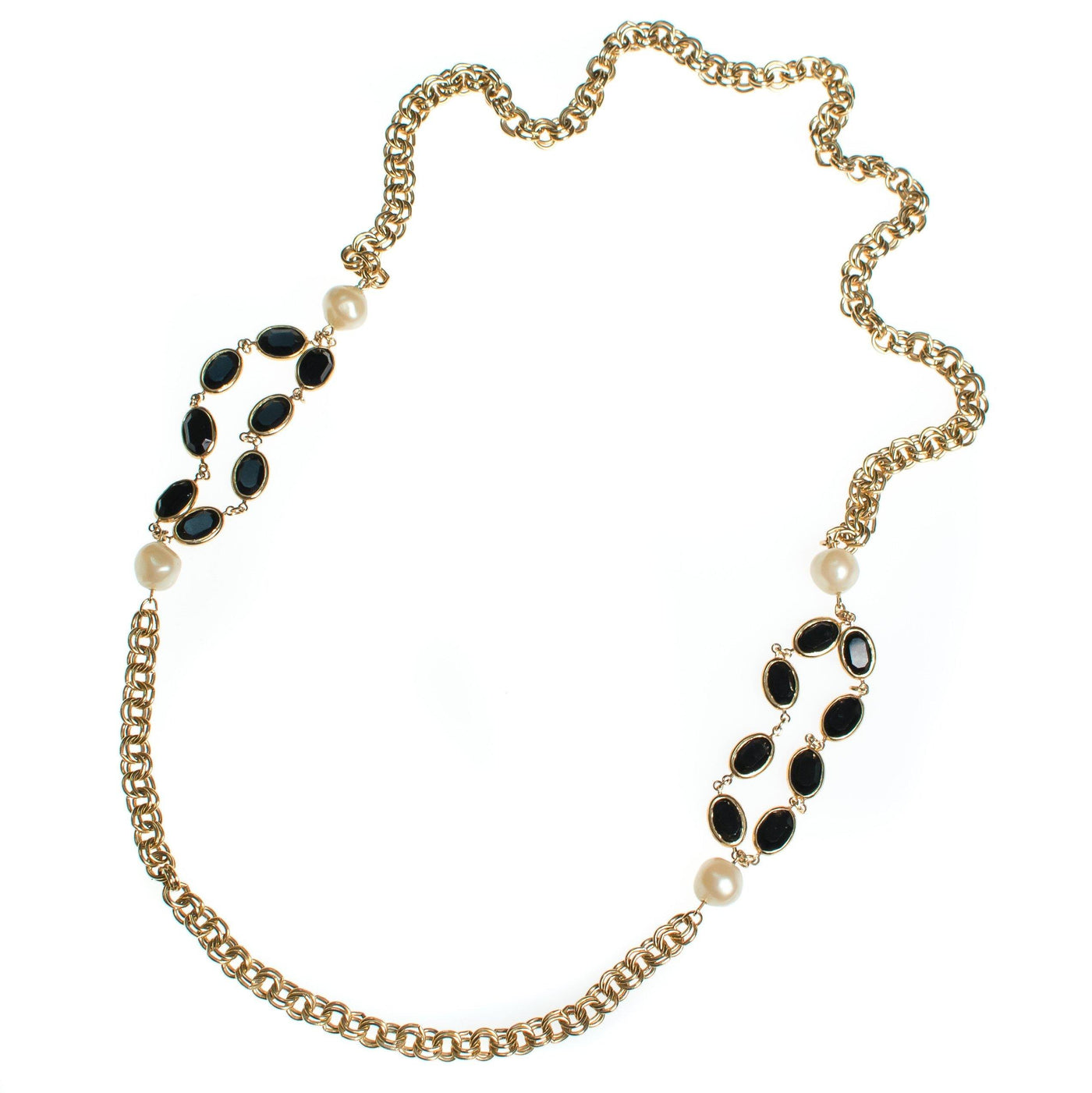 Vintage 1980s Swarovski Black Jet Bezel Set Chicklet and Faux Pearl Necklace