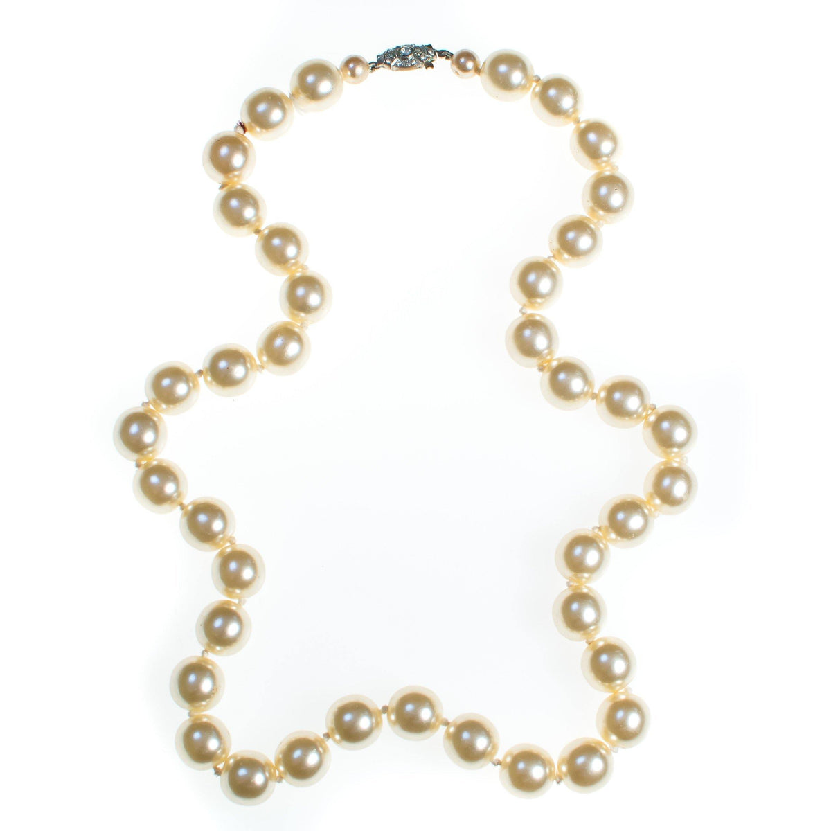 Vintage 1940s Large Millimeter Cream Glass Faux Pearl Long Length Hand Knotted Necklace with Rhinestone Clasp