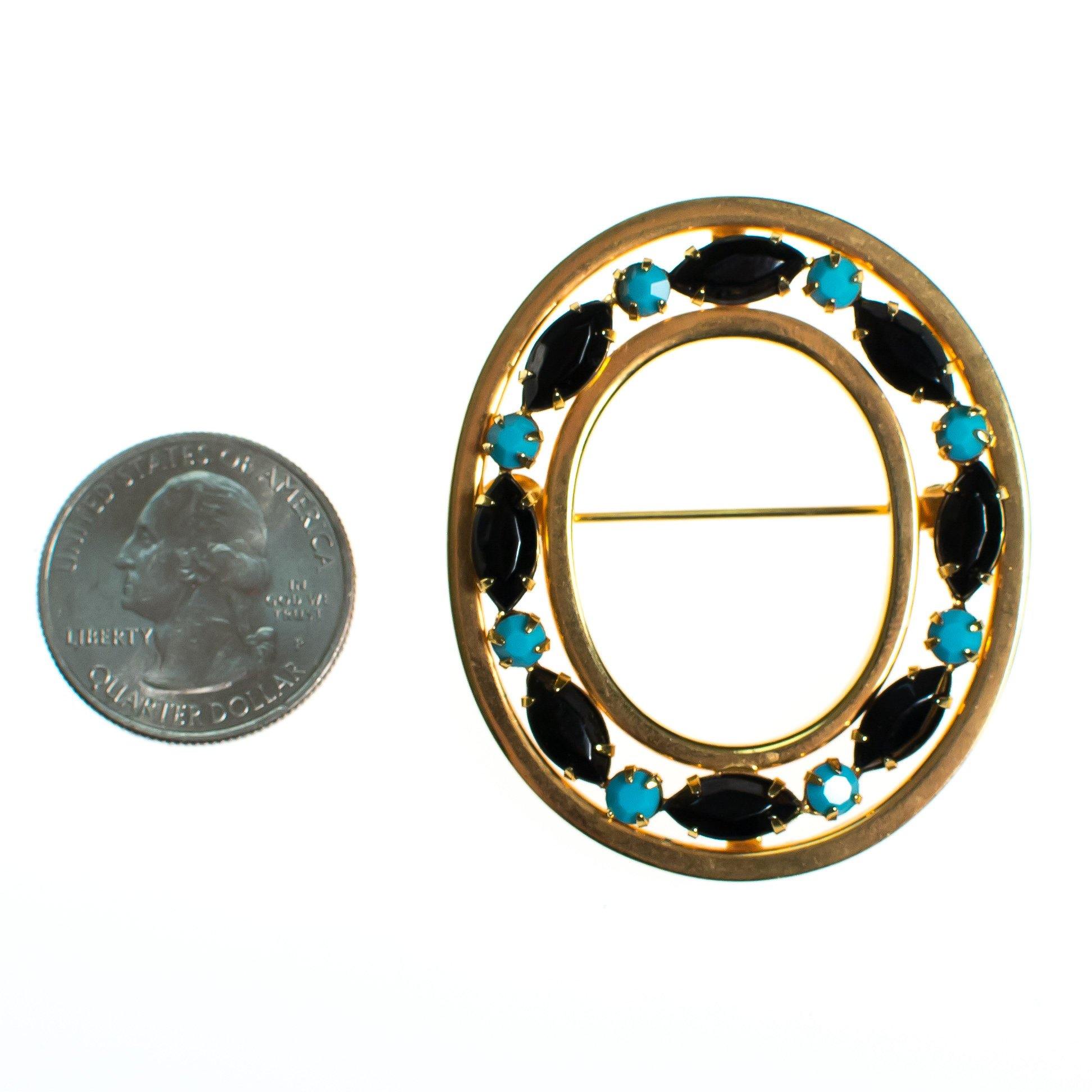 Vintage Gold Oval Brooch with Jet Black, Turquoise Crystal Rhinestones by 1960s - Vintage Meet Modern Vintage Jewelry - Chicago, Illinois - #oldhollywoodglamour #vintagemeetmodern #designervintage #jewelrybox #antiquejewelry #vintagejewelry