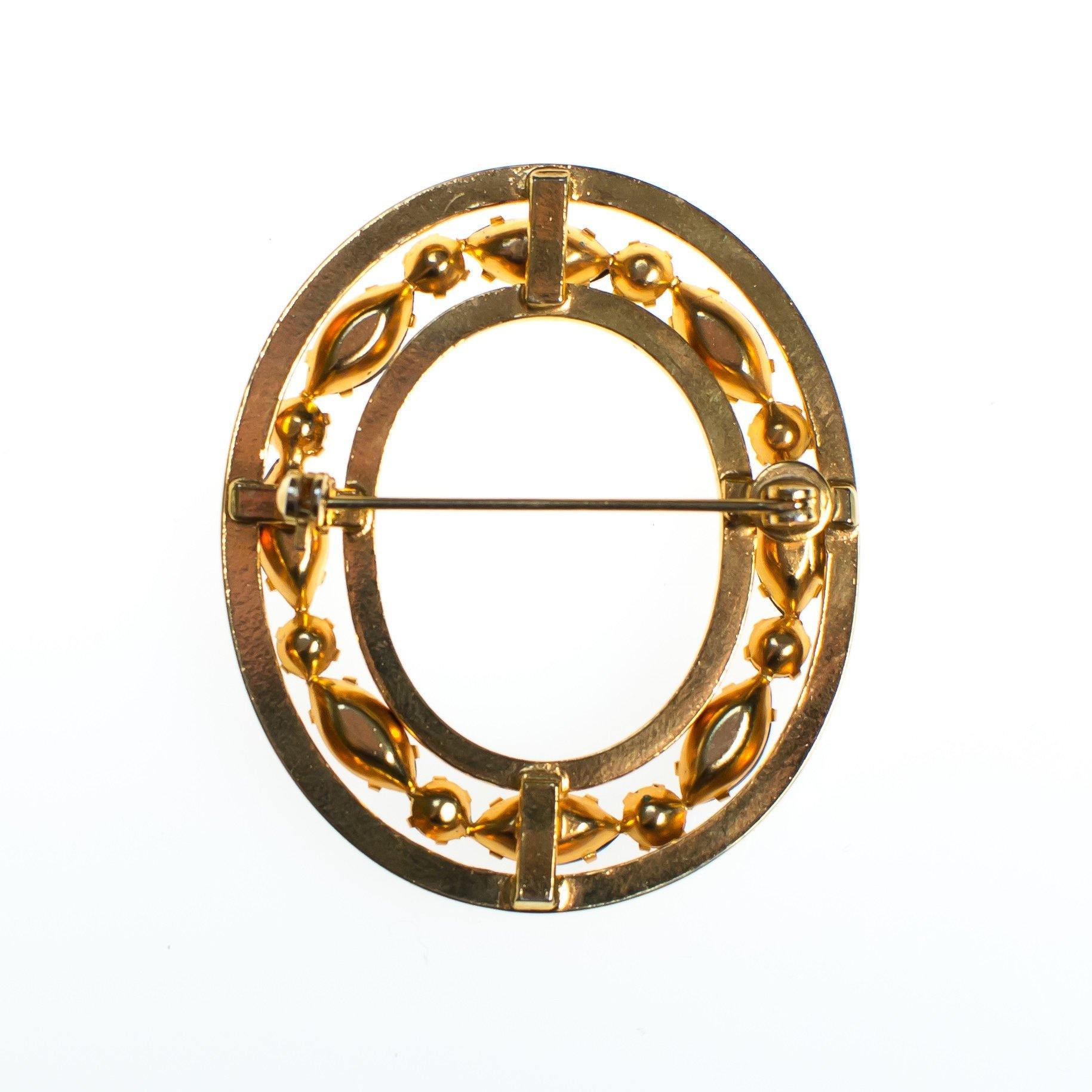 Vintage Gold Oval Brooch with Jet Black, Turquoise Crystal Rhinestones by 1960s - Vintage Meet Modern Vintage Jewelry - Chicago, Illinois - #oldhollywoodglamour #vintagemeetmodern #designervintage #jewelrybox #antiquejewelry #vintagejewelry