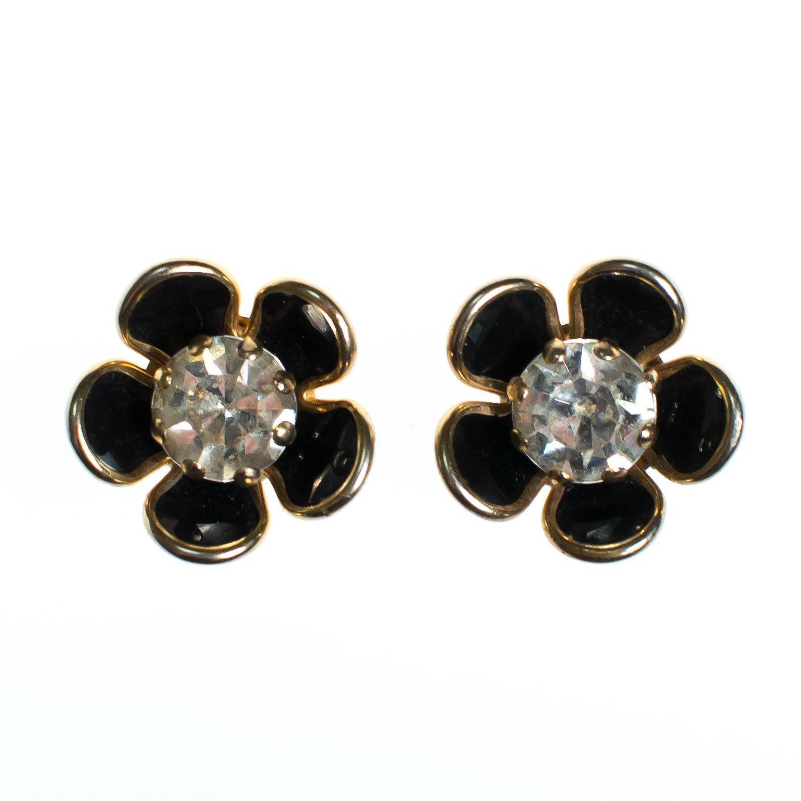 Vintage Jet and Crystal Flower Earrings, Screw Back by 1960s - Vintage Meet Modern Vintage Jewelry - Chicago, Illinois - #oldhollywoodglamour #vintagemeetmodern #designervintage #jewelrybox #antiquejewelry #vintagejewelry