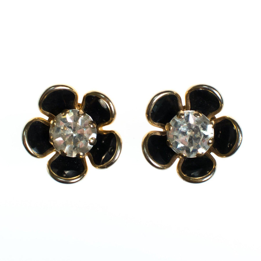 Vintage Jet and Crystal Flower Earrings, Screw Back by 1960s - Vintage Meet Modern Vintage Jewelry - Chicago, Illinois - #oldhollywoodglamour #vintagemeetmodern #designervintage #jewelrybox #antiquejewelry #vintagejewelry