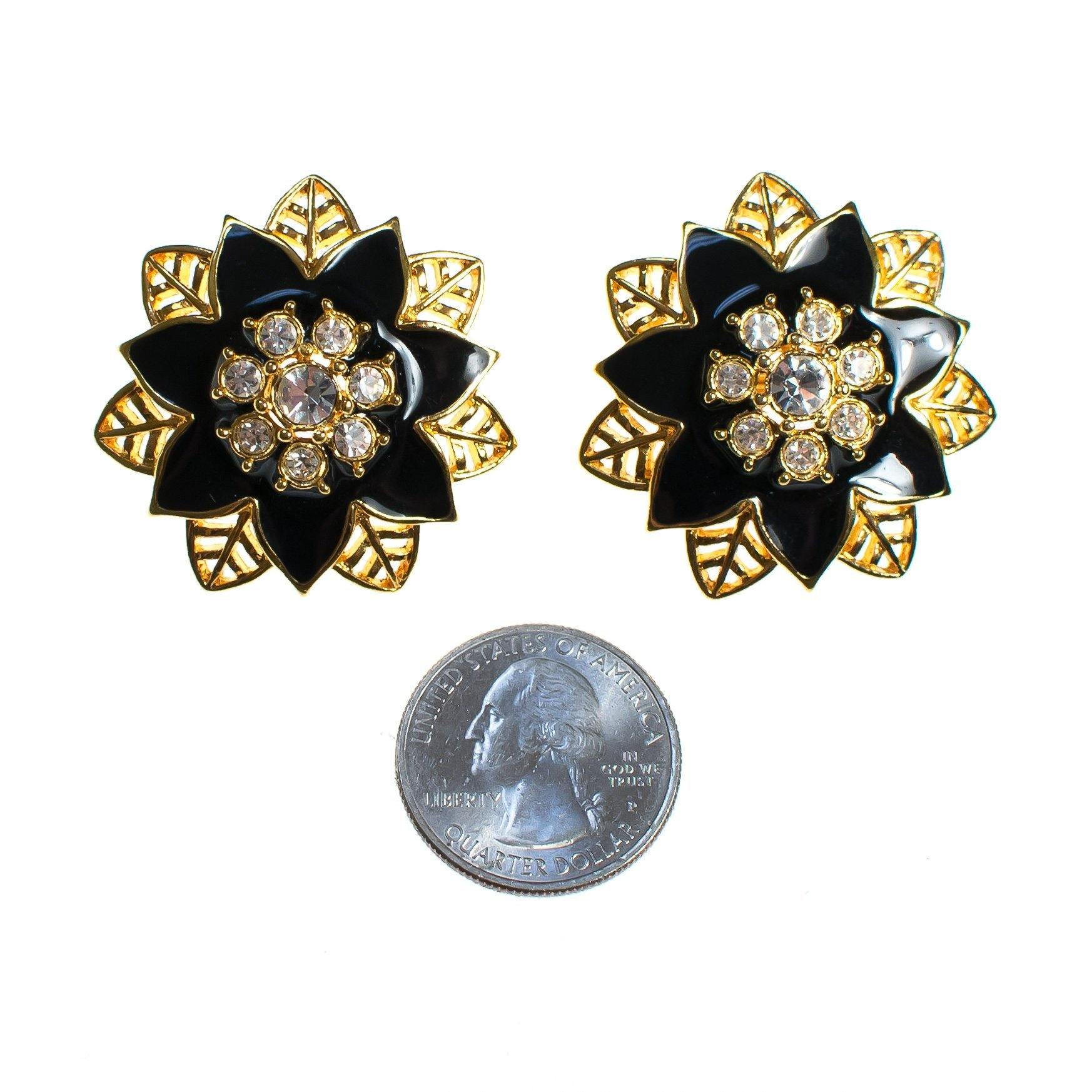 Vintage 1980s Black Enamel and Crystal Flower Gold Statement Earrings by 1980s - Vintage Meet Modern Vintage Jewelry - Chicago, Illinois - #oldhollywoodglamour #vintagemeetmodern #designervintage #jewelrybox #antiquejewelry #vintagejewelry