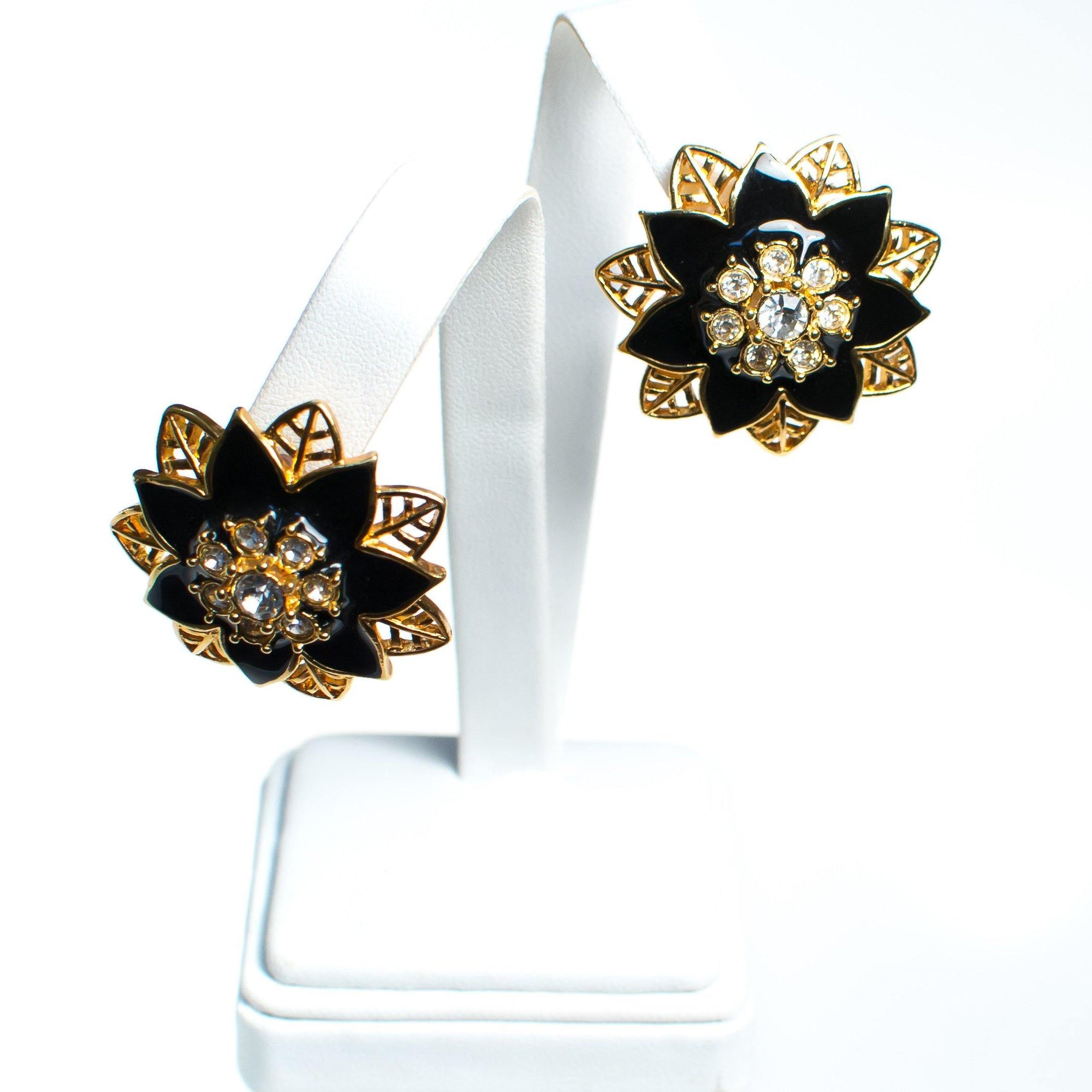 Vintage 1980s Black Enamel and Crystal Flower Gold Statement Earrings by 1980s - Vintage Meet Modern Vintage Jewelry - Chicago, Illinois - #oldhollywoodglamour #vintagemeetmodern #designervintage #jewelrybox #antiquejewelry #vintagejewelry
