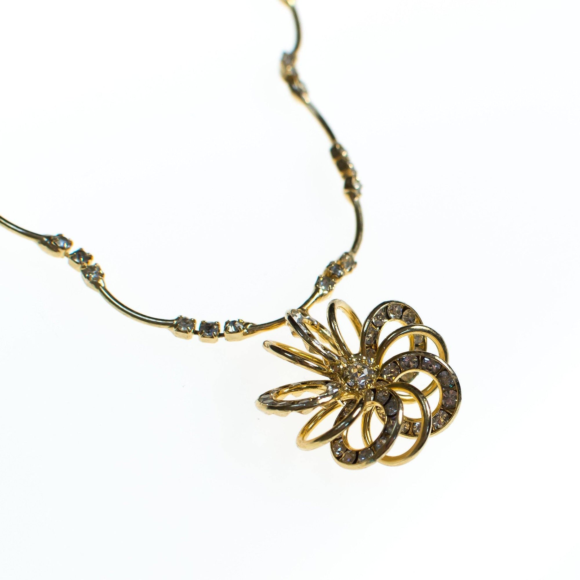 Vintage Dainty 1950s Gold Wired Flower and Rhinestone Necklace by 1950s - Vintage Meet Modern Vintage Jewelry - Chicago, Illinois - #oldhollywoodglamour #vintagemeetmodern #designervintage #jewelrybox #antiquejewelry #vintagejewelry