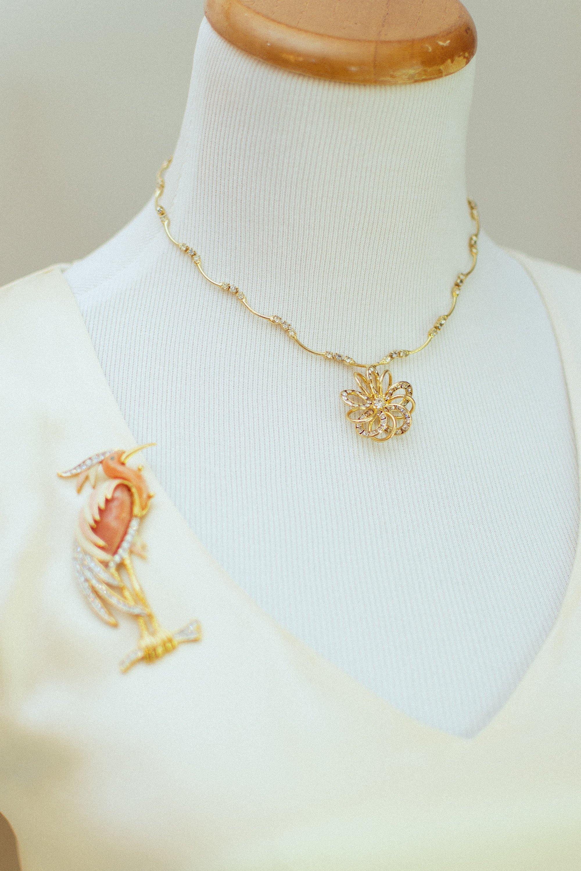 Vintage Dainty 1950s Gold Wired Flower and Rhinestone Necklace by 1950s - Vintage Meet Modern Vintage Jewelry - Chicago, Illinois - #oldhollywoodglamour #vintagemeetmodern #designervintage #jewelrybox #antiquejewelry #vintagejewelry