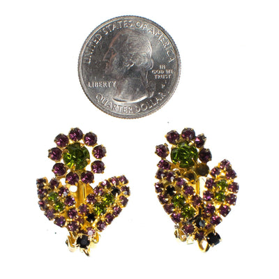 Vintage Purple and Green Rhinestone Flower Earrings, Clip On by 1960s - Vintage Meet Modern Vintage Jewelry - Chicago, Illinois - #oldhollywoodglamour #vintagemeetmodern #designervintage #jewelrybox #antiquejewelry #vintagejewelry