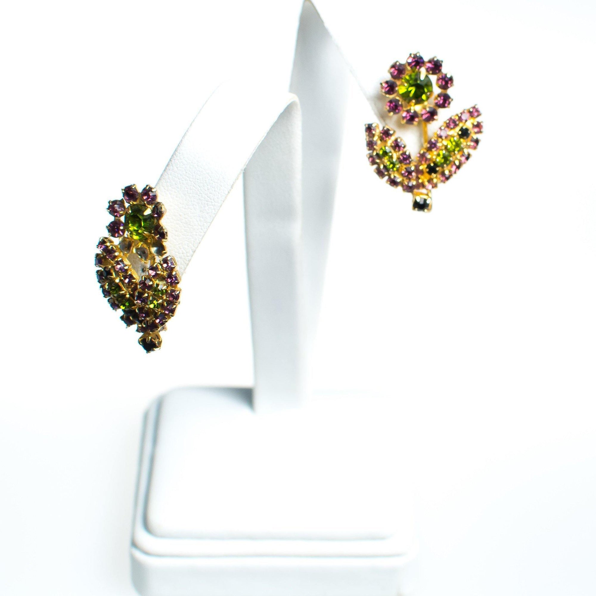 Vintage Purple and Green Rhinestone Flower Earrings, Clip On by 1960s - Vintage Meet Modern Vintage Jewelry - Chicago, Illinois - #oldhollywoodglamour #vintagemeetmodern #designervintage #jewelrybox #antiquejewelry #vintagejewelry