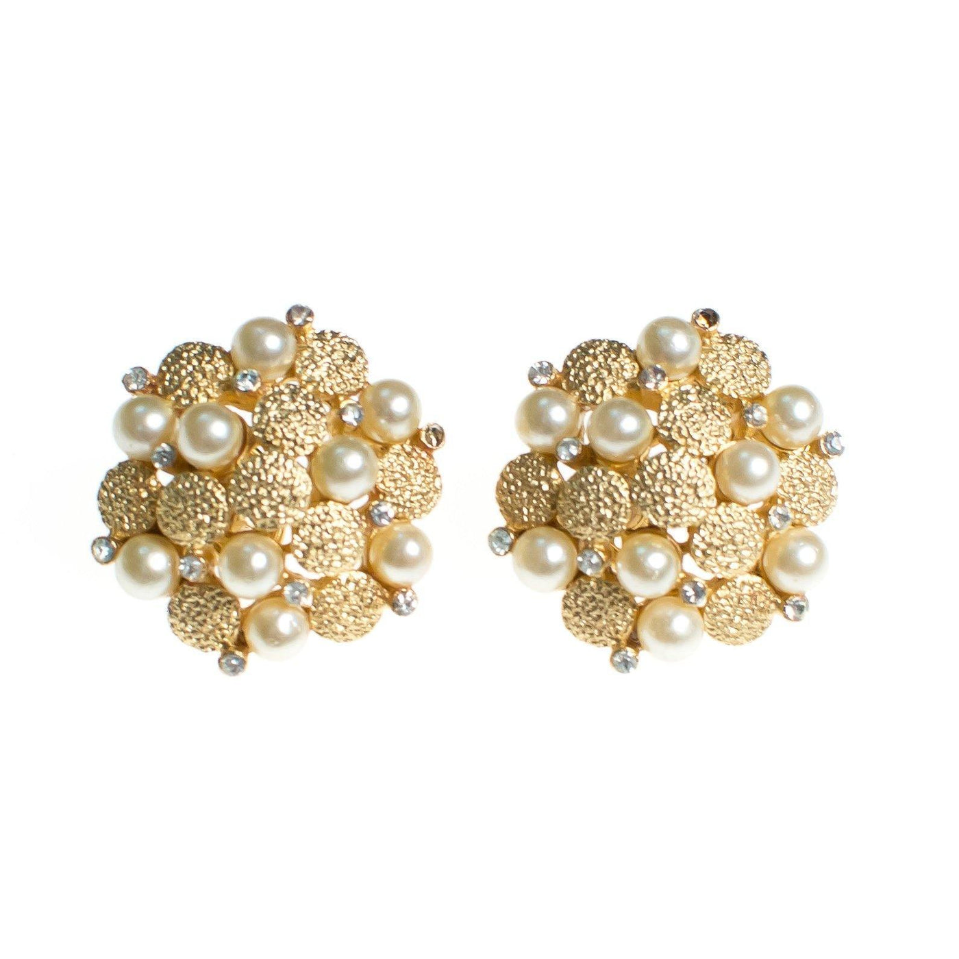 Vintage Crown Trifari Mid Century Modern Gold, Pearl and Rhinestone Earrings