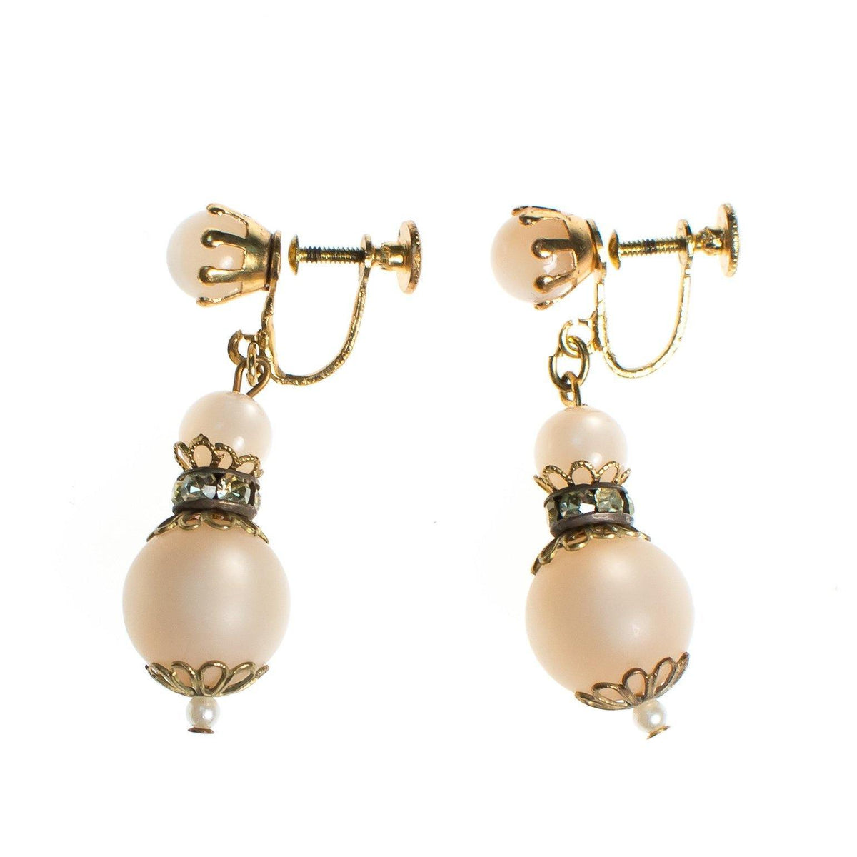 Vintage Champagne Moonglow Bead Dangling Earrings with Rhinestones