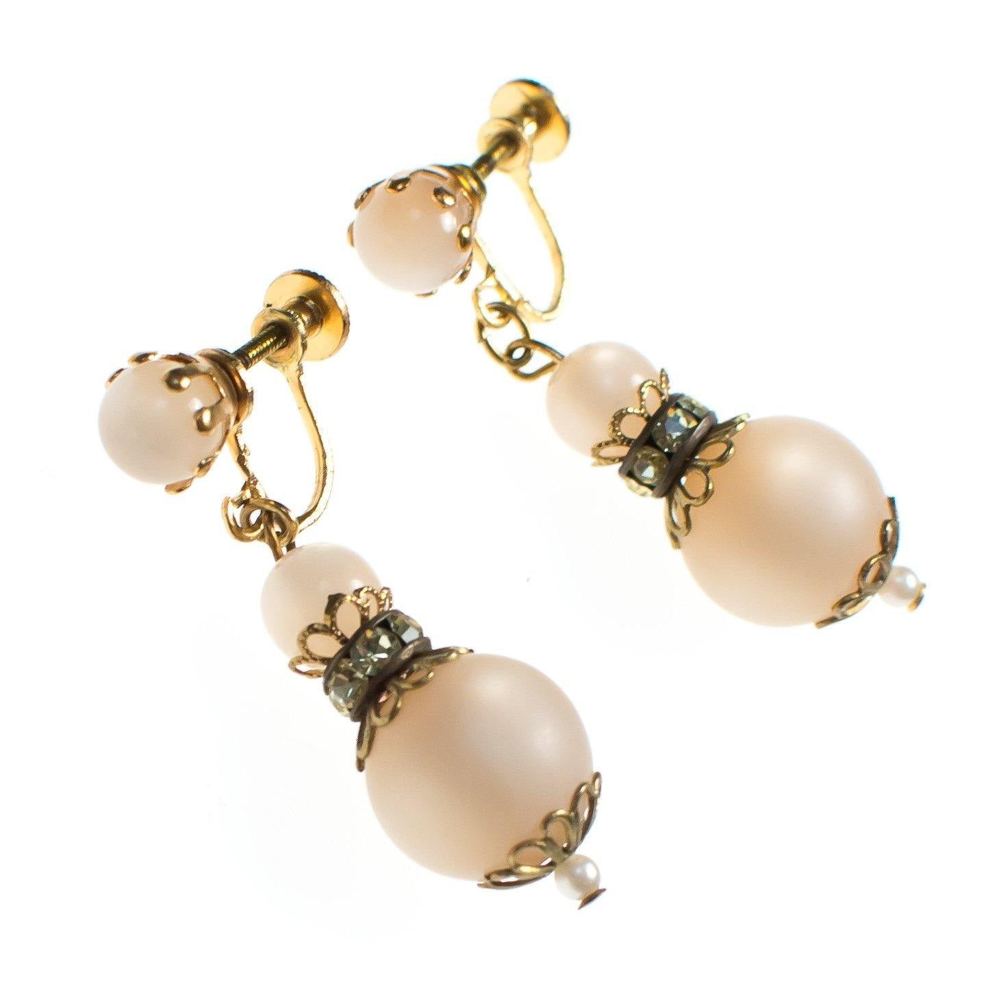 Vintage Champagne Moonglow Bead Dangling Earrings with Rhinestones by 1960s - Vintage Meet Modern Vintage Jewelry - Chicago, Illinois - #oldhollywoodglamour #vintagemeetmodern #designervintage #jewelrybox #antiquejewelry #vintagejewelry