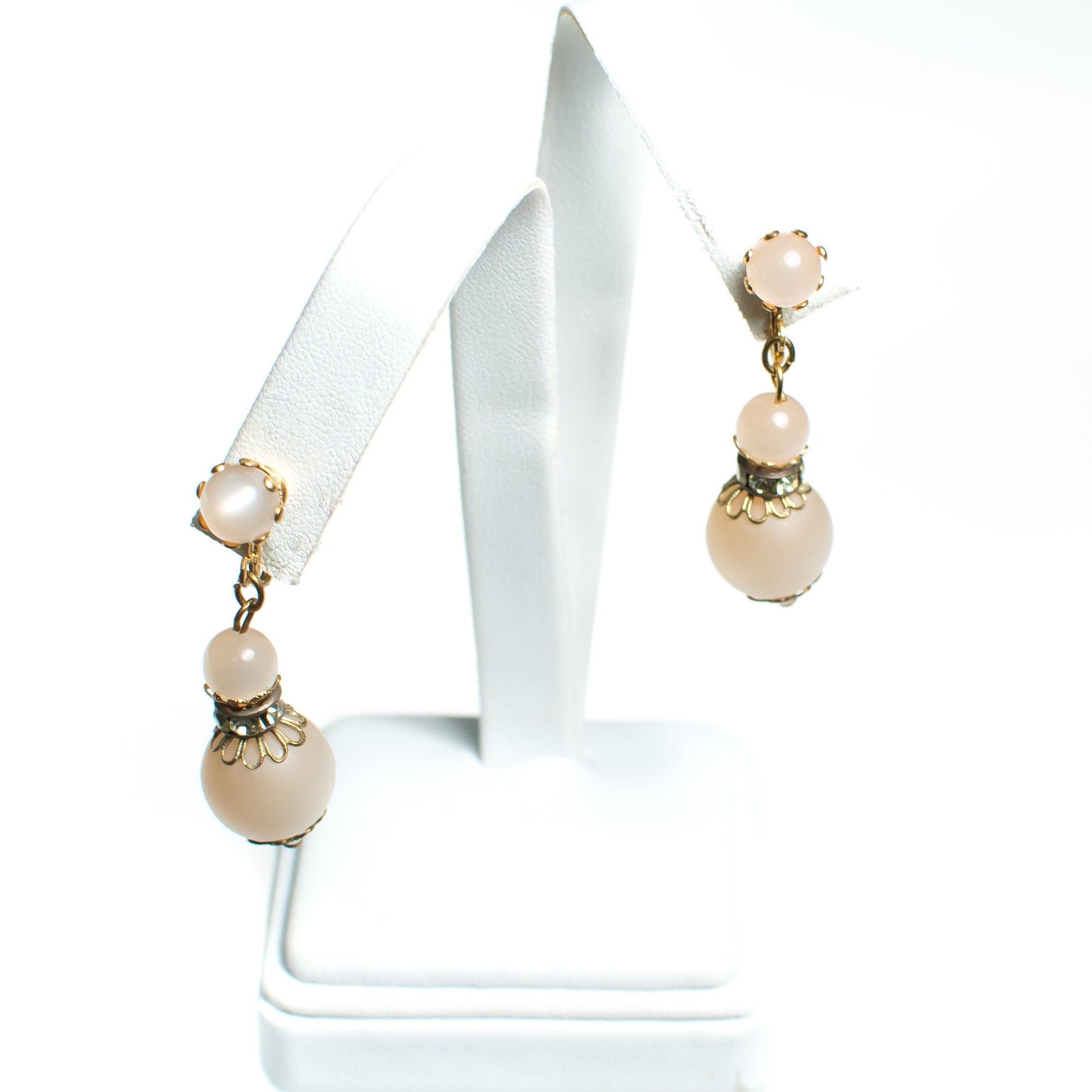 Vintage Champagne Moonglow Bead Dangling Earrings with Rhinestones by 1960s - Vintage Meet Modern Vintage Jewelry - Chicago, Illinois - #oldhollywoodglamour #vintagemeetmodern #designervintage #jewelrybox #antiquejewelry #vintagejewelry