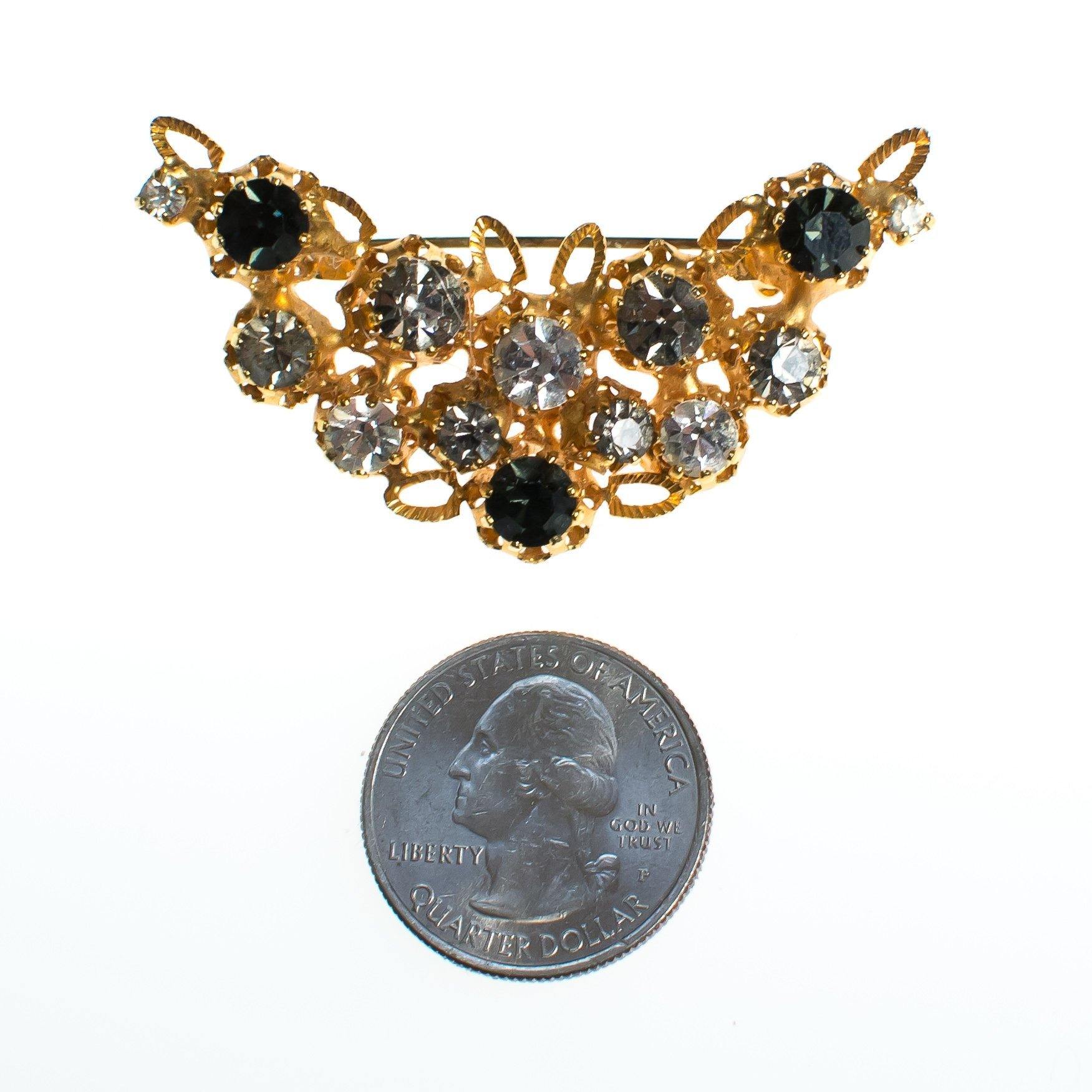 Vintage Made In Austria Gold Filigree Brooch with Diamante, Smoke, and Jet Rhinestone Crystals by 1960s - Vintage Meet Modern Vintage Jewelry - Chicago, Illinois - #oldhollywoodglamour #vintagemeetmodern #designervintage #jewelrybox #antiquejewelry #vintagejewelry