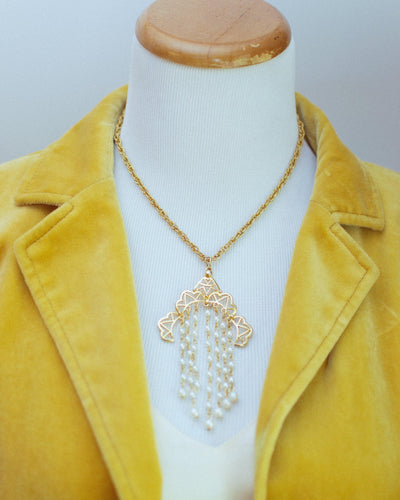 Vintage 1970s Bohemian Chic Waterfall Pearl Tassel Necklace by 1970s - Vintage Meet Modern Vintage Jewelry - Chicago, Illinois - #oldhollywoodglamour #vintagemeetmodern #designervintage #jewelrybox #antiquejewelry #vintagejewelry