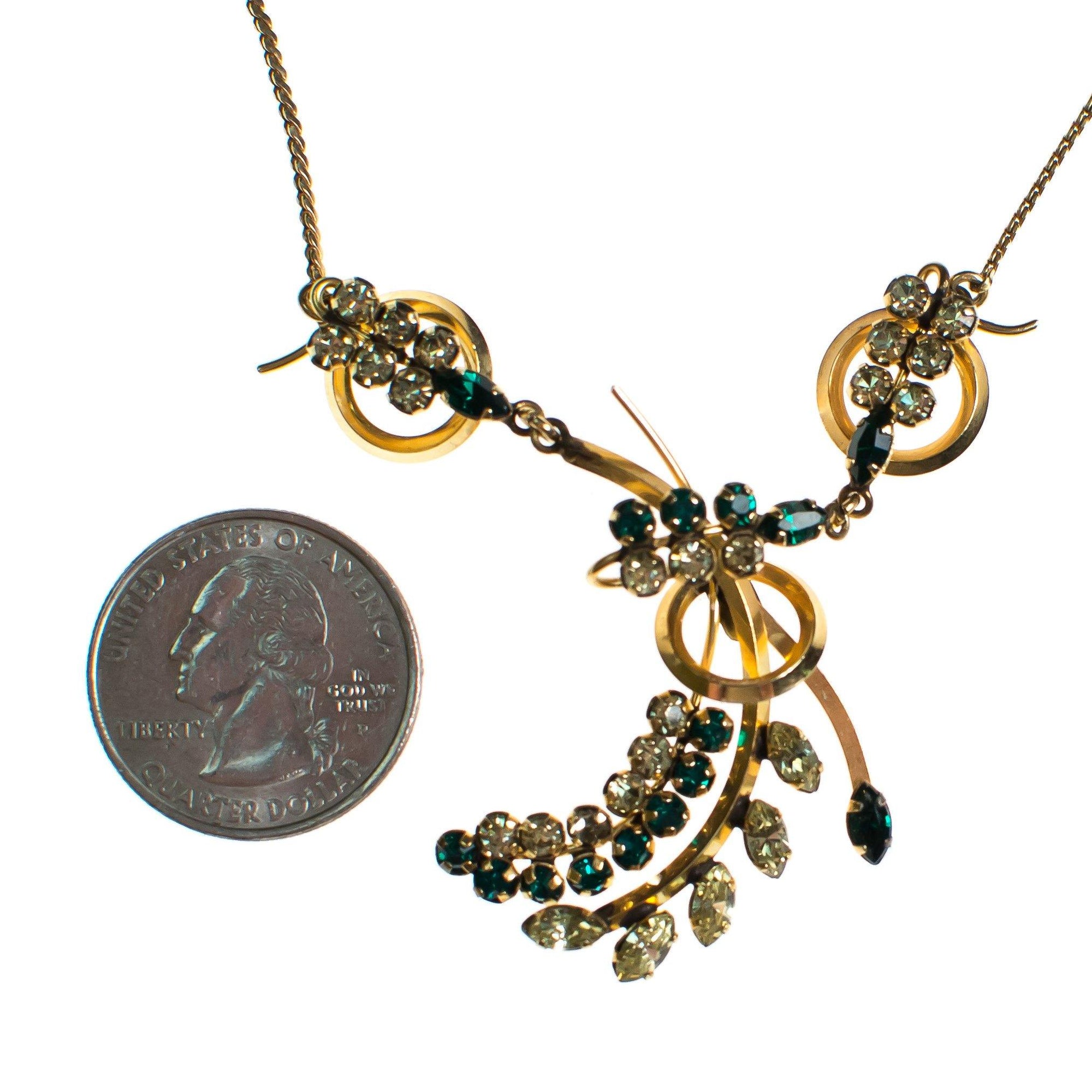 Vintage 1940s 1/20 12 kt Gold Filled Emerald and Yellow Rhinestone Floral Spray Necklace by 1940s - Vintage Meet Modern Vintage Jewelry - Chicago, Illinois - #oldhollywoodglamour #vintagemeetmodern #designervintage #jewelrybox #antiquejewelry #vintagejewelry