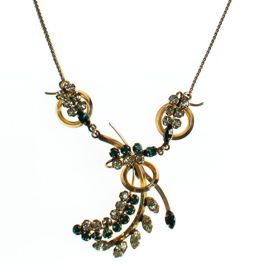 Vintage 1940s 1/20 12 kt Gold Filled Emerald and Yellow Rhinestone Floral Spray Necklace by 1940s - Vintage Meet Modern Vintage Jewelry - Chicago, Illinois - #oldhollywoodglamour #vintagemeetmodern #designervintage #jewelrybox #antiquejewelry #vintagejewelry
