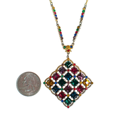 Vintage 1940s Czech Rainbow Rhinestone Pendant Necklace Checkerboard Setting by 1940s - Vintage Meet Modern Vintage Jewelry - Chicago, Illinois - #oldhollywoodglamour #vintagemeetmodern #designervintage #jewelrybox #antiquejewelry #vintagejewelry