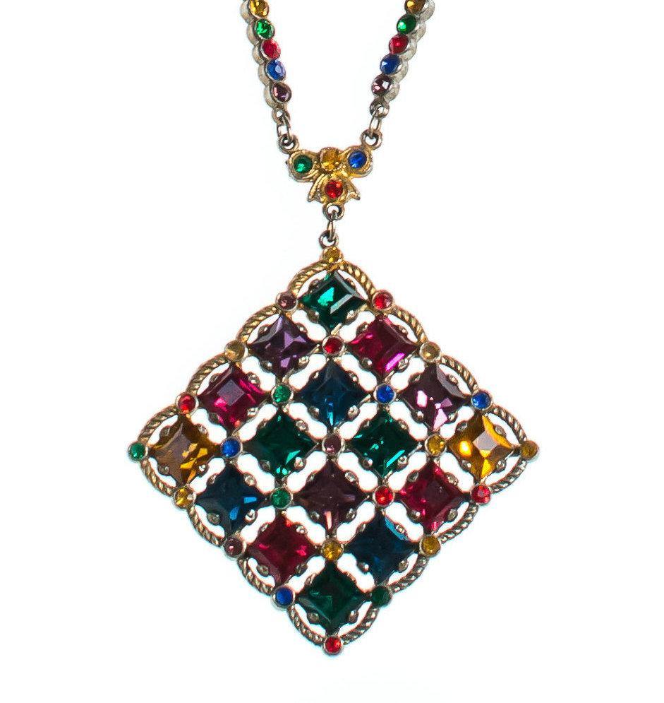 Vintage 1940s Czech Rainbow Rhinestone Pendant Necklace Checkerboard Setting by 1940s - Vintage Meet Modern Vintage Jewelry - Chicago, Illinois - #oldhollywoodglamour #vintagemeetmodern #designervintage #jewelrybox #antiquejewelry #vintagejewelry