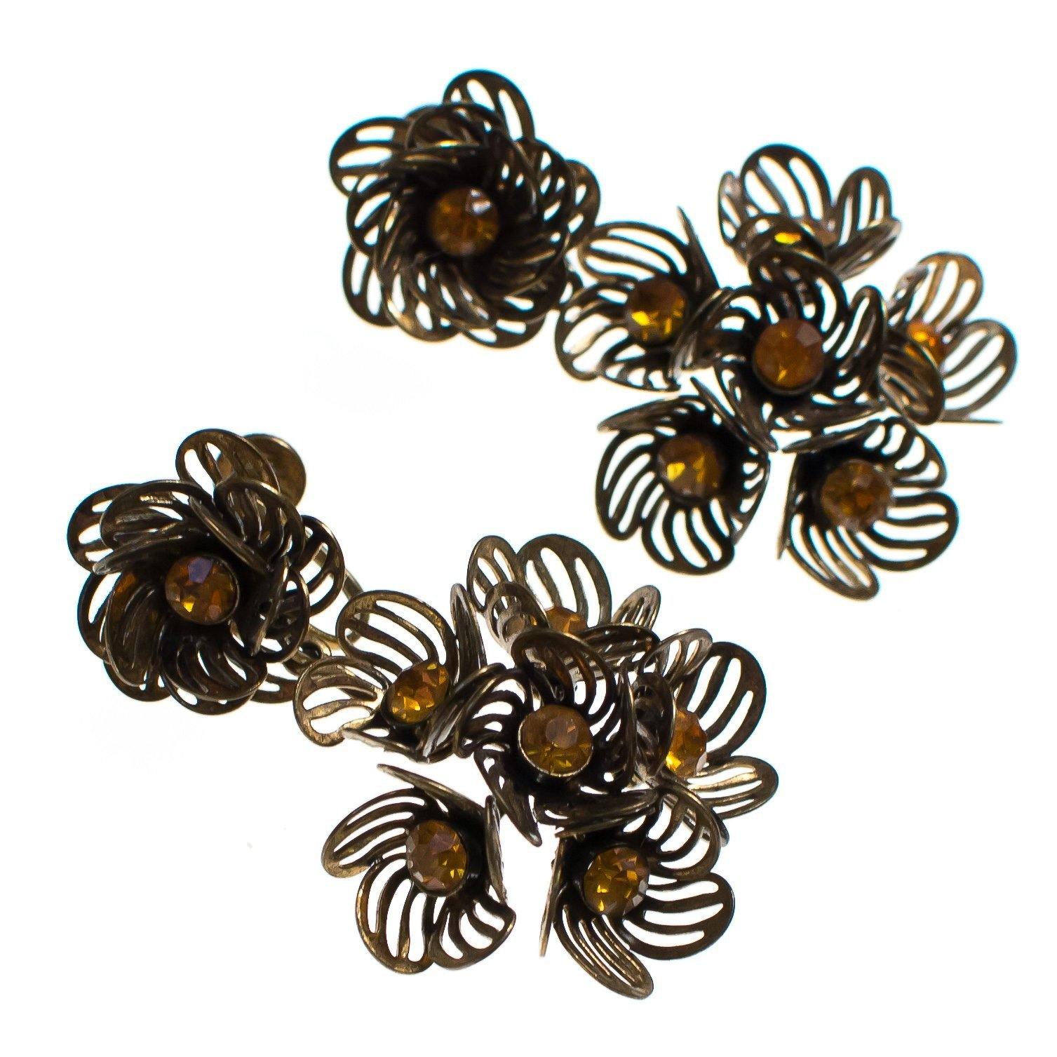 Vintage Gilt Caged Petal Flower Statement Earrings with Amber Crystal Centers by 1950s - Vintage Meet Modern Vintage Jewelry - Chicago, Illinois - #oldhollywoodglamour #vintagemeetmodern #designervintage #jewelrybox #antiquejewelry #vintagejewelry