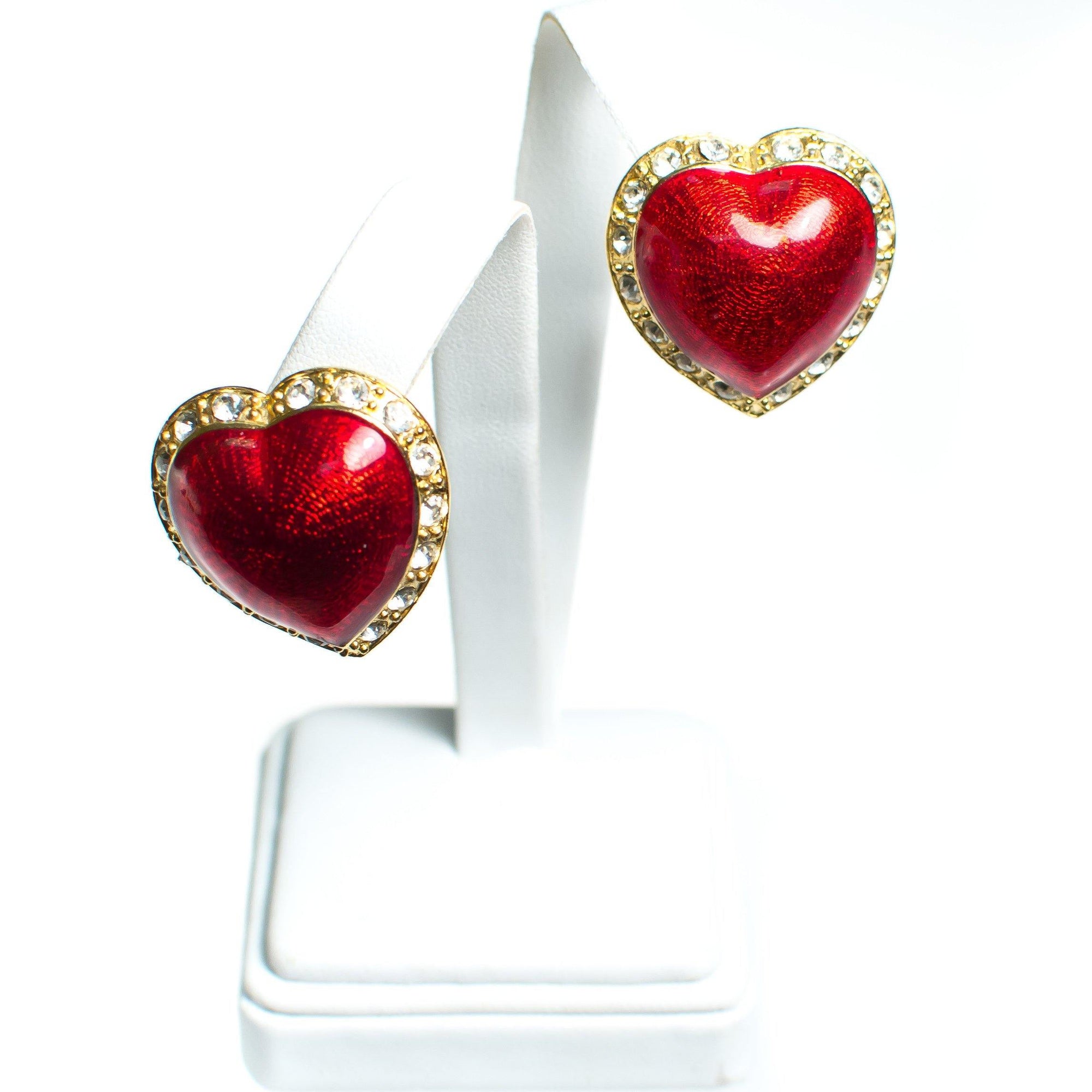 Vintage Victoria's Secret Red Puffy Heart and Rhinestone Clip Statement Earrings by Victoria's Secret - Vintage Meet Modern Vintage Jewelry - Chicago, Illinois - #oldhollywoodglamour #vintagemeetmodern #designervintage #jewelrybox #antiquejewelry #vintagejewelry