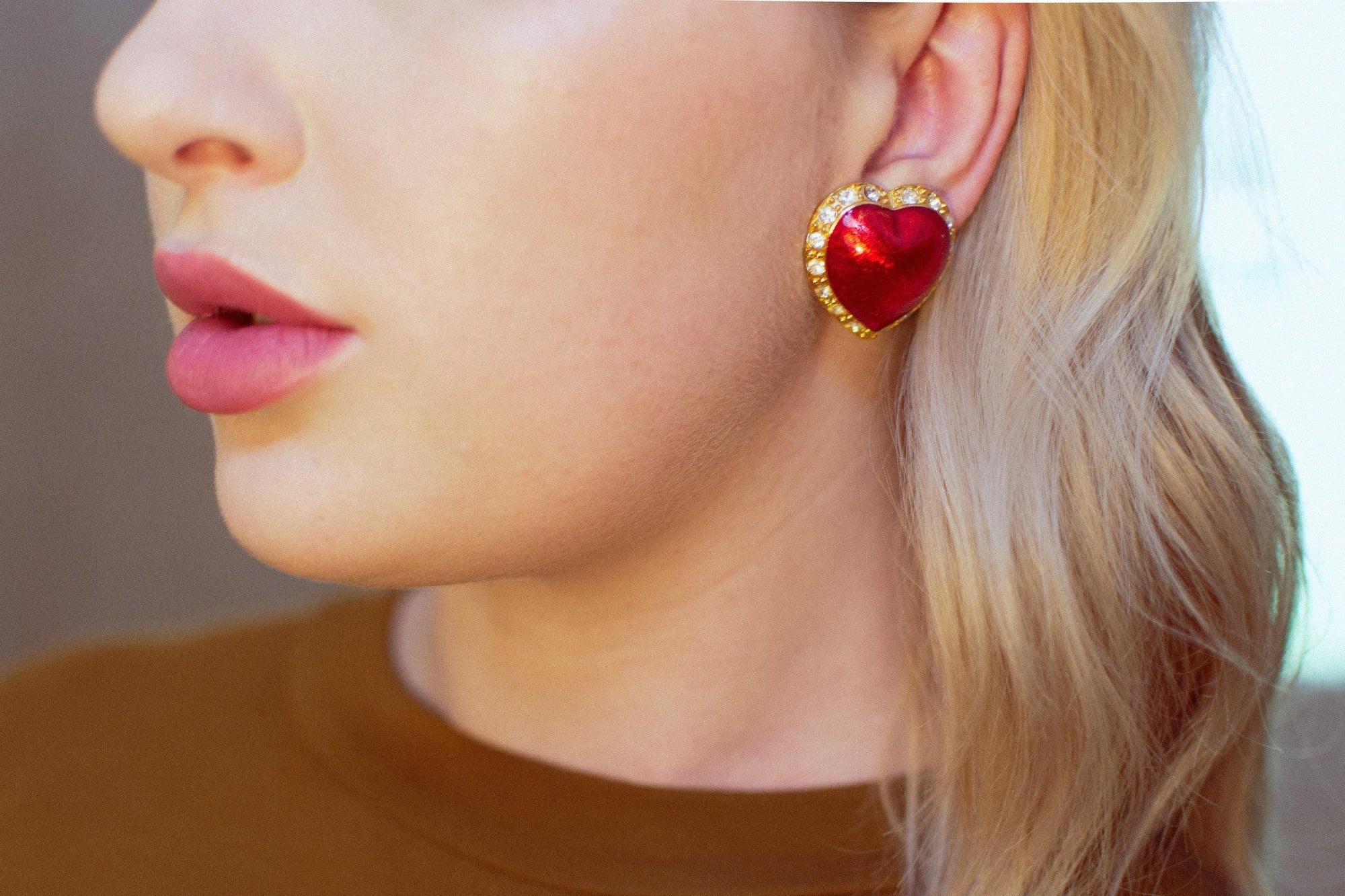 Vintage Victoria's Secret Red Puffy Heart and Rhinestone Clip Statement Earrings by Victoria's Secret - Vintage Meet Modern Vintage Jewelry - Chicago, Illinois - #oldhollywoodglamour #vintagemeetmodern #designervintage #jewelrybox #antiquejewelry #vintagejewelry