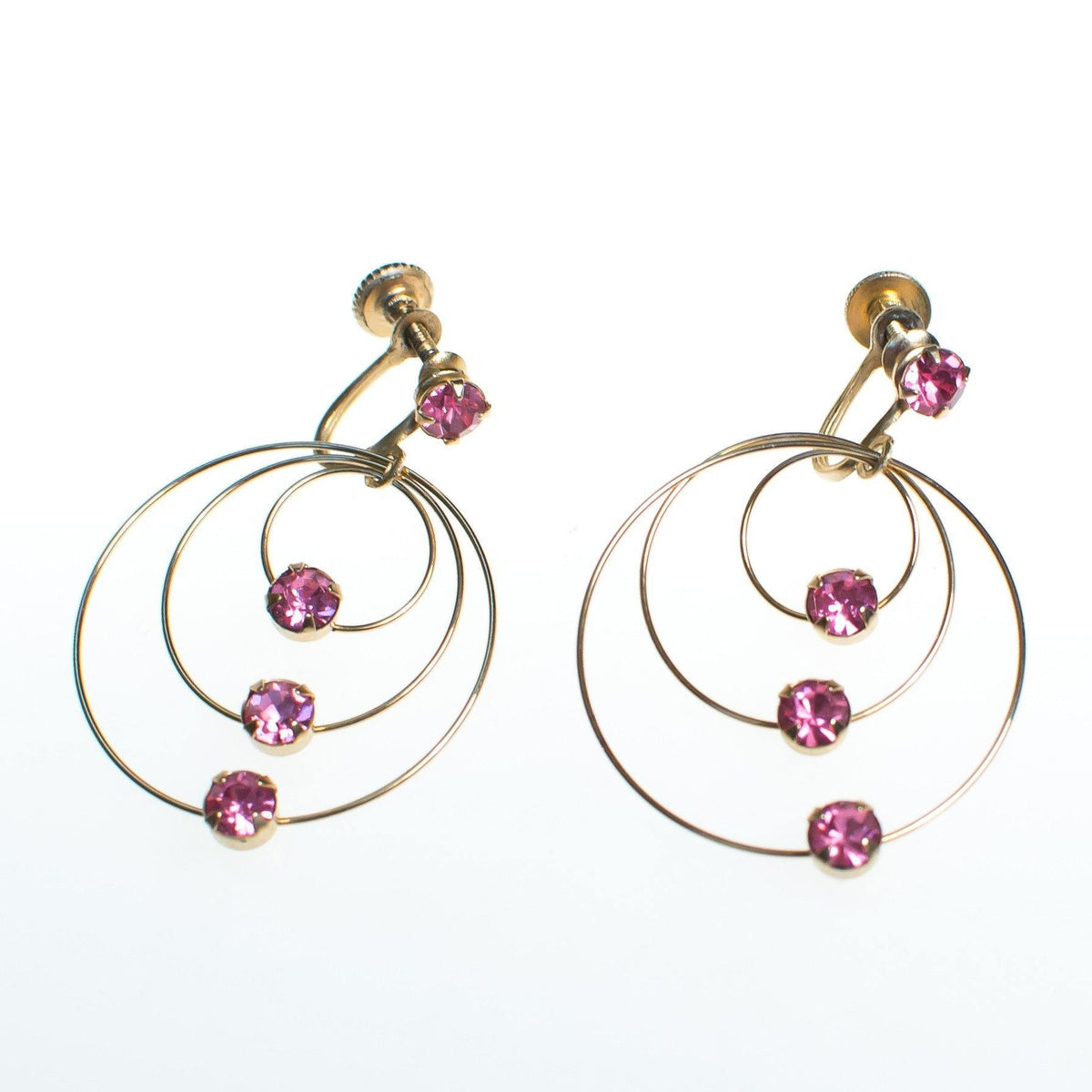 Vintage Gold Spiral Circle Earrings With Pink Rhinestones