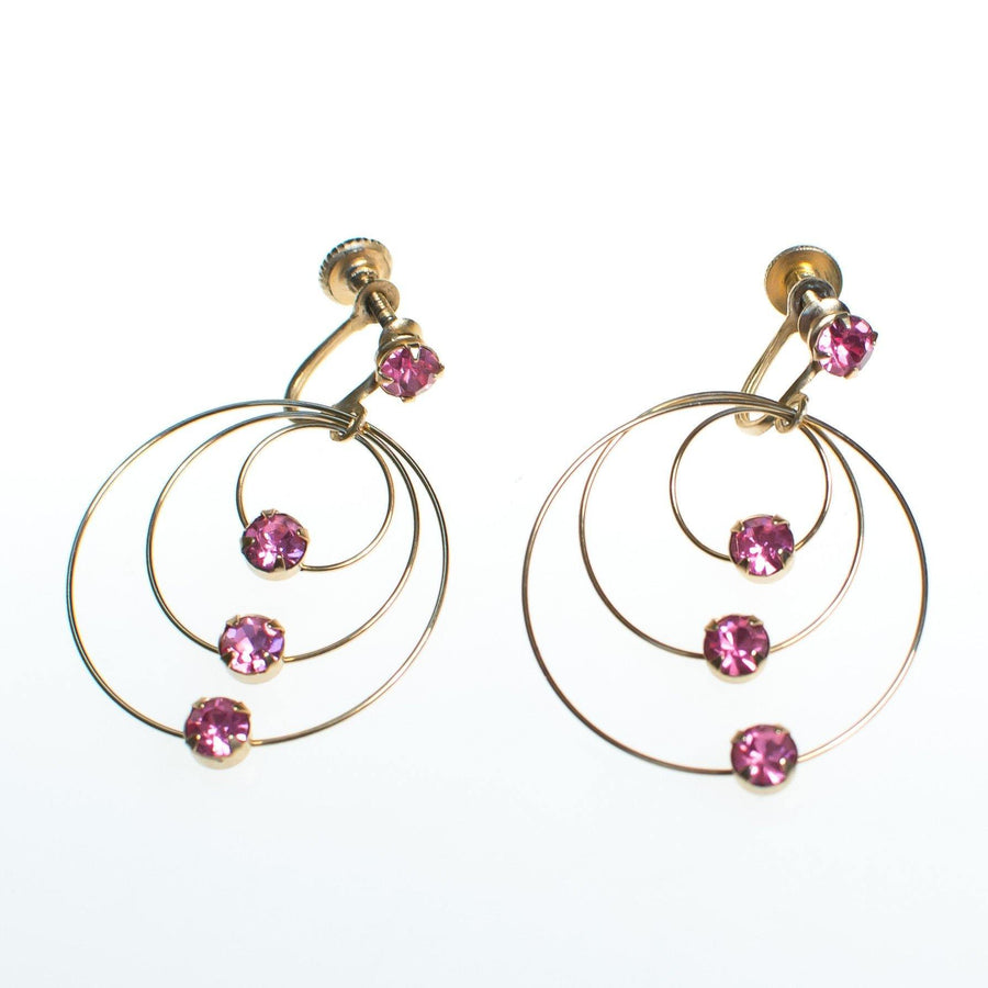 Vintage Gold Spiral Circle Earrings With Pink Rhinestones by 1950s - Vintage Meet Modern Vintage Jewelry - Chicago, Illinois - #oldhollywoodglamour #vintagemeetmodern #designervintage #jewelrybox #antiquejewelry #vintagejewelry
