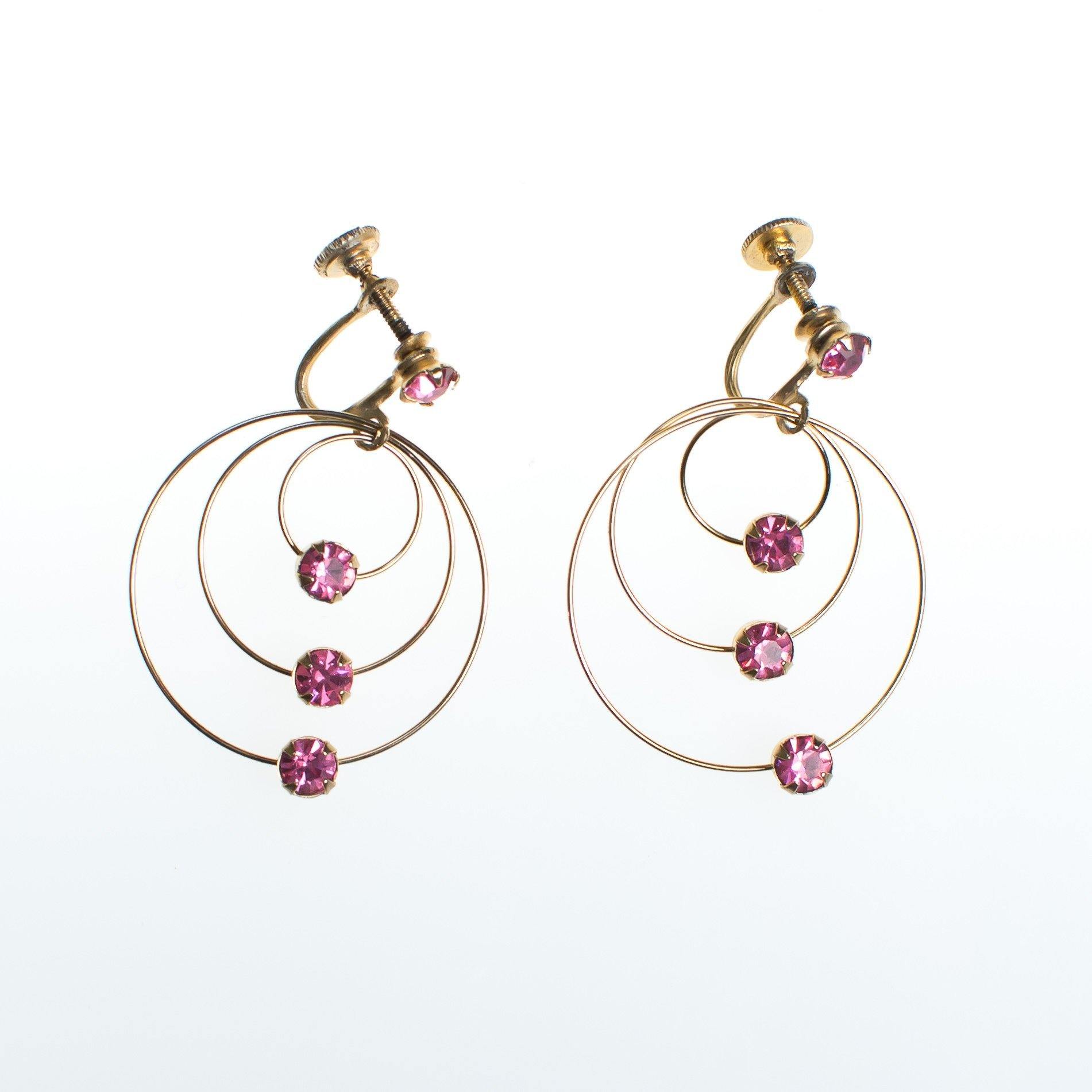 Vintage Gold Spiral Circle Earrings With Pink Rhinestones by 1950s - Vintage Meet Modern Vintage Jewelry - Chicago, Illinois - #oldhollywoodglamour #vintagemeetmodern #designervintage #jewelrybox #antiquejewelry #vintagejewelry