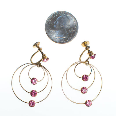 Vintage Gold Spiral Circle Earrings With Pink Rhinestones by 1950s - Vintage Meet Modern Vintage Jewelry - Chicago, Illinois - #oldhollywoodglamour #vintagemeetmodern #designervintage #jewelrybox #antiquejewelry #vintagejewelry