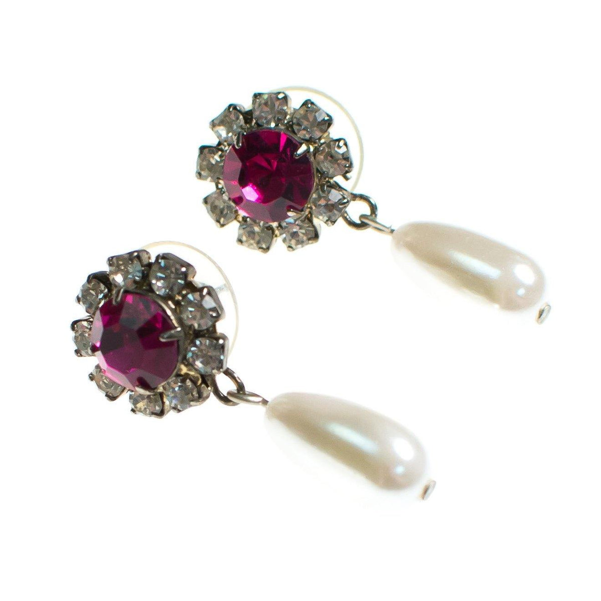 Vintage 1980s Pink and Diamante Rhinestone and Faux Pearl Drop Earrings, Pierced