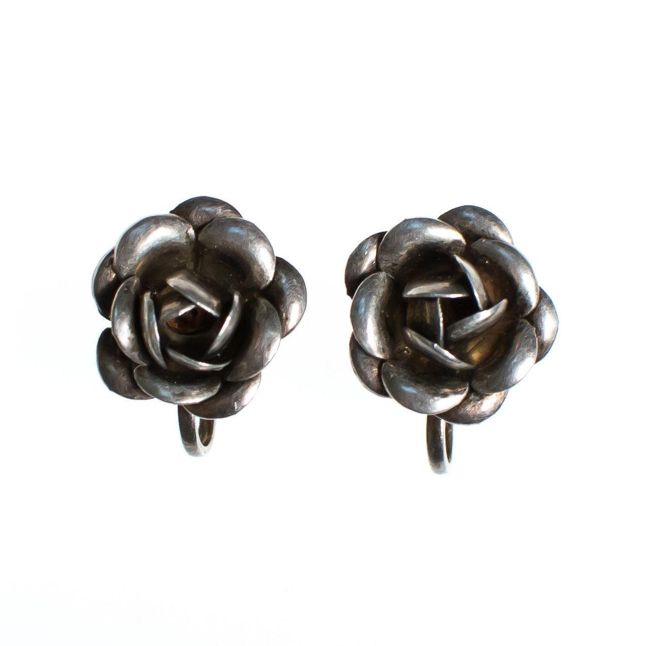 Vintage Sterling Silver Rose Earrings, Screwback by Sterling Silver - Vintage Meet Modern Vintage Jewelry - Chicago, Illinois - #oldhollywoodglamour #vintagemeetmodern #designervintage #jewelrybox #antiquejewelry #vintagejewelry