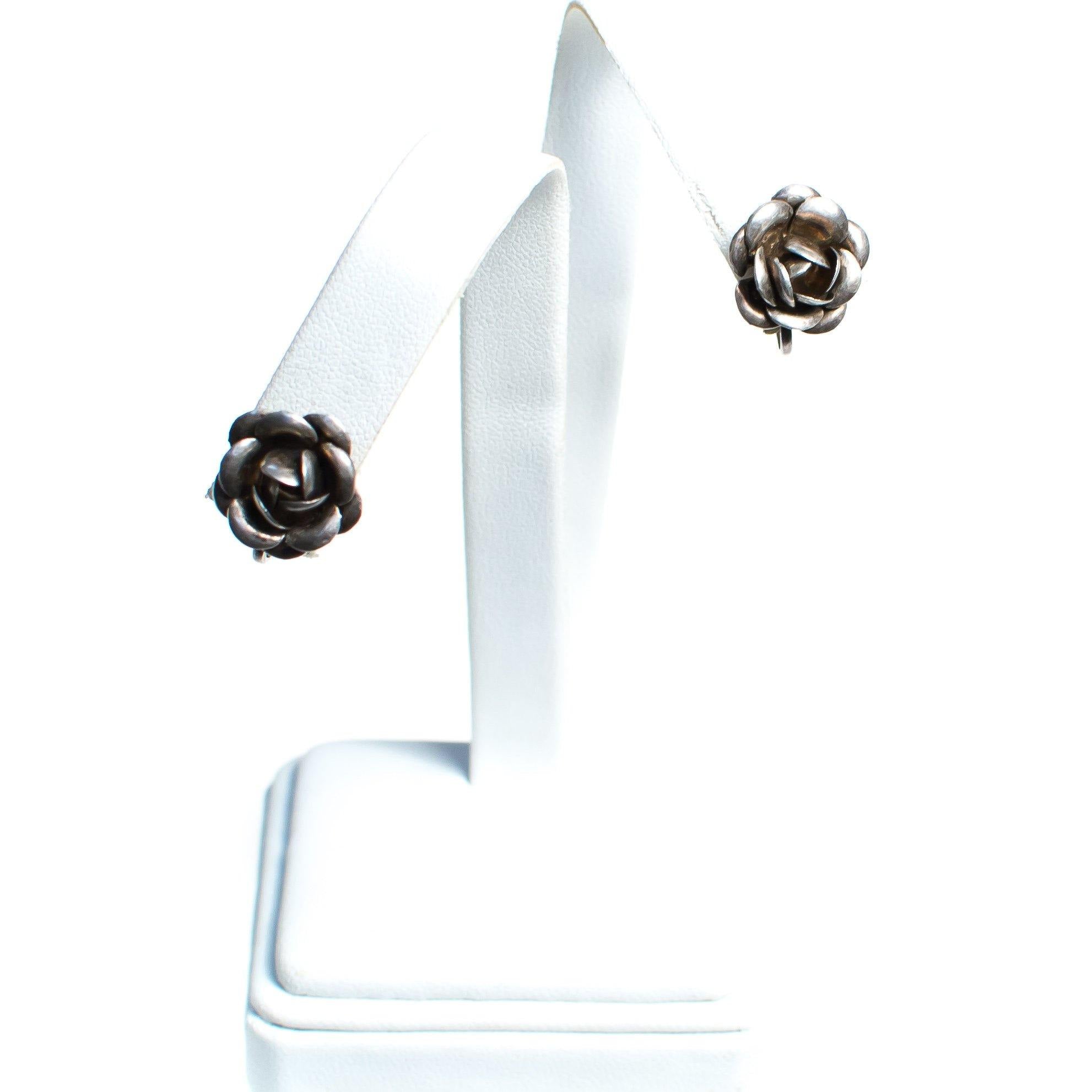 Vintage Sterling Silver Rose Earrings, Screwback by Sterling Silver - Vintage Meet Modern Vintage Jewelry - Chicago, Illinois - #oldhollywoodglamour #vintagemeetmodern #designervintage #jewelrybox #antiquejewelry #vintagejewelry