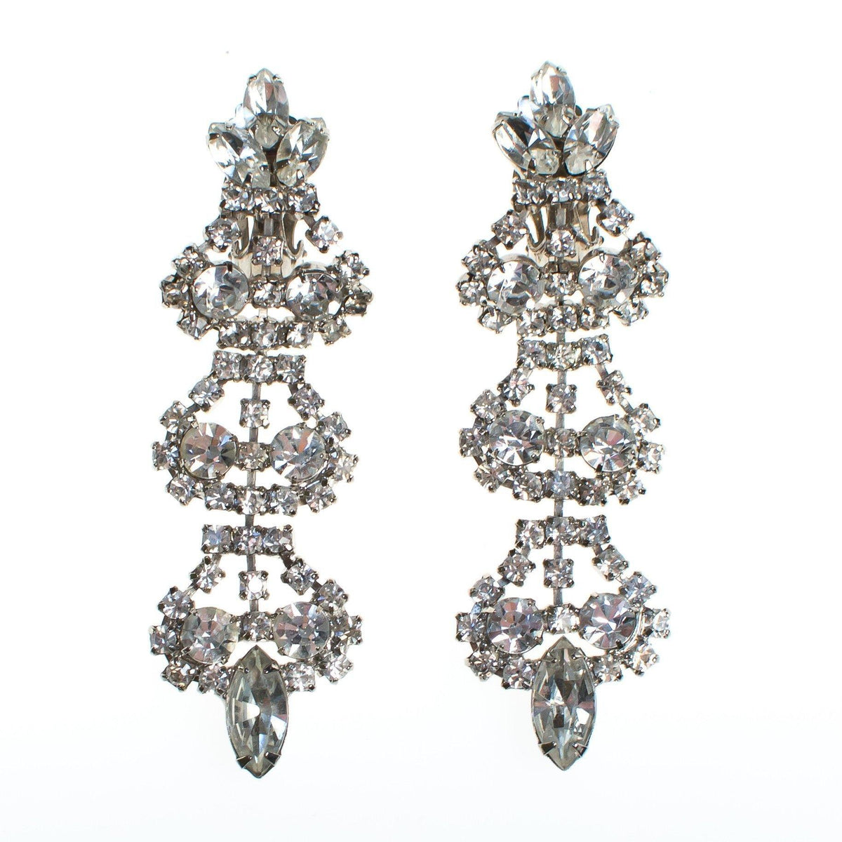 Vintage Rhinestone Chandelier Statement Earrings, Clip On