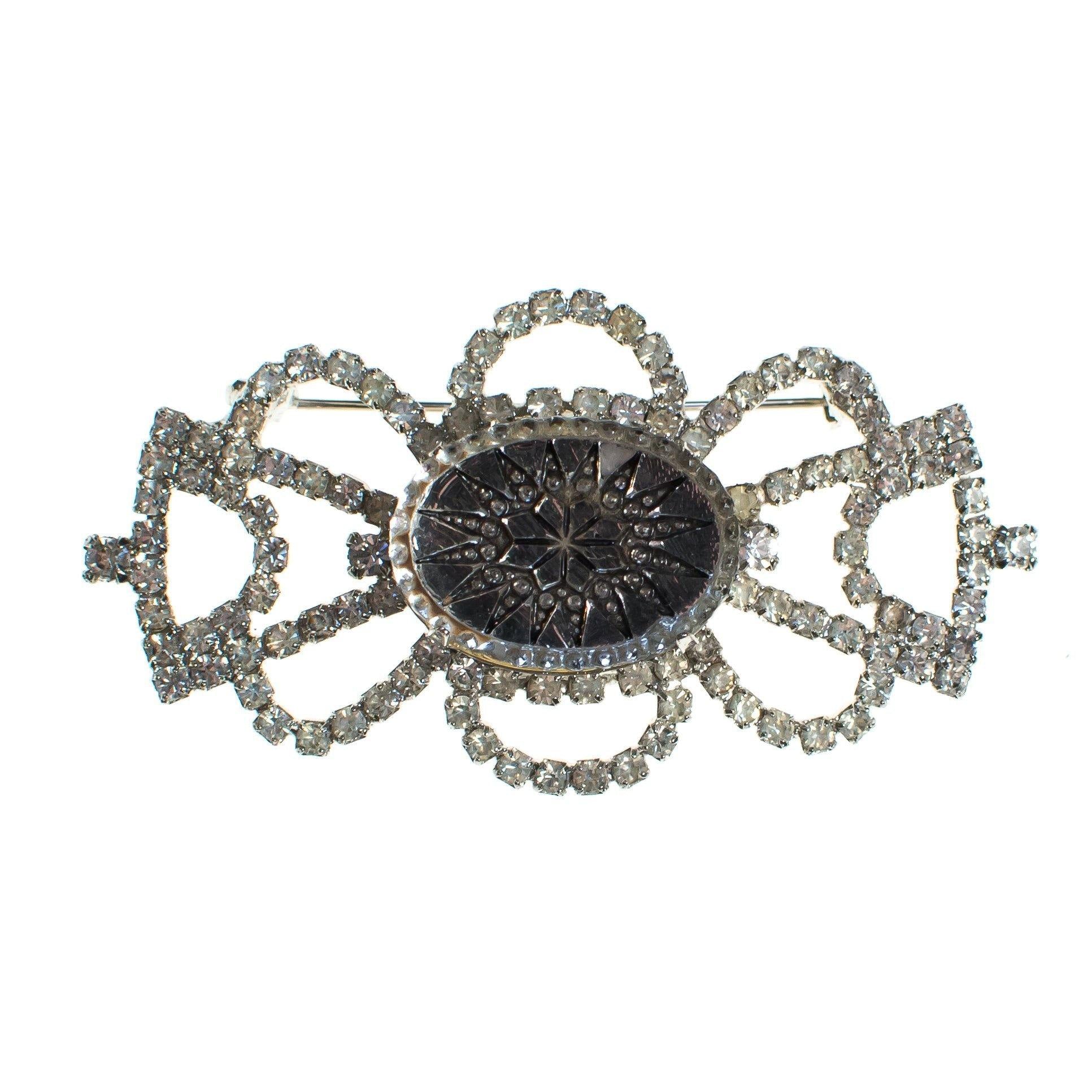 Vintage Rhinestone Brooch with Etched Crystal Center by 1950s - Vintage Meet Modern Vintage Jewelry - Chicago, Illinois - #oldhollywoodglamour #vintagemeetmodern #designervintage #jewelrybox #antiquejewelry #vintagejewelry
