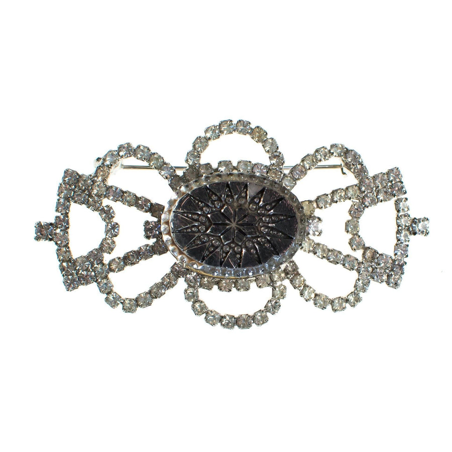 Vintage Rhinestone Brooch with Etched Crystal Center by 1950s - Vintage Meet Modern Vintage Jewelry - Chicago, Illinois - #oldhollywoodglamour #vintagemeetmodern #designervintage #jewelrybox #antiquejewelry #vintagejewelry