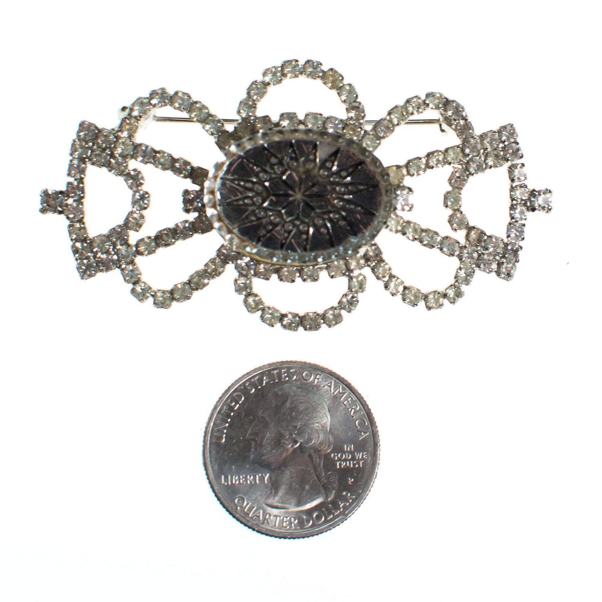 Vintage Rhinestone Brooch with Etched Crystal Center by 1950s - Vintage Meet Modern Vintage Jewelry - Chicago, Illinois - #oldhollywoodglamour #vintagemeetmodern #designervintage #jewelrybox #antiquejewelry #vintagejewelry