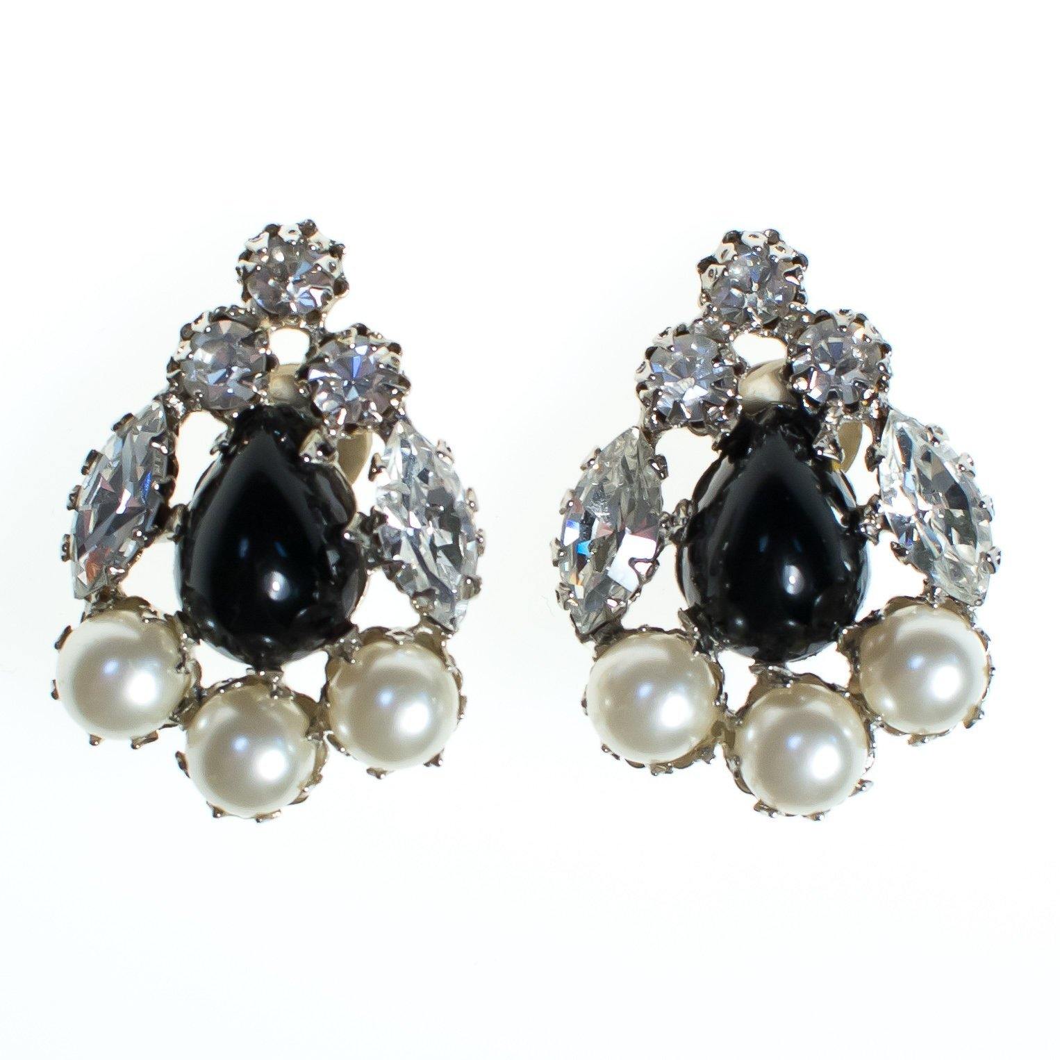 Vintage Schreiner Statement Earrings, Black Cabochons, Faux Pearls, Diamante Crystals, Silver Tone Setting, Clip-on by Schreiner - Vintage Meet Modern Vintage Jewelry - Chicago, Illinois - #oldhollywoodglamour #vintagemeetmodern #designervintage #jewelrybox #antiquejewelry #vintagejewelry