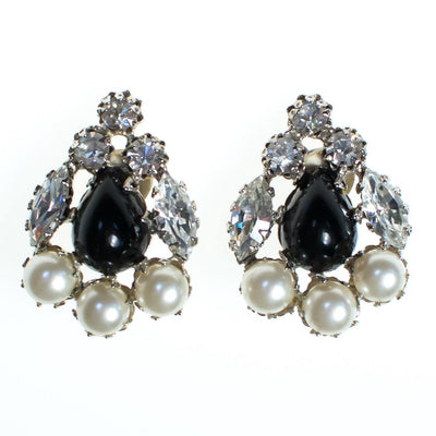 Vintage Schreiner Statement Earrings, Black Cabochons, Faux Pearls, Diamante Crystals, Silver Tone Setting, Clip-on by Schreiner - Vintage Meet Modern Vintage Jewelry - Chicago, Illinois - #oldhollywoodglamour #vintagemeetmodern #designervintage #jewelrybox #antiquejewelry #vintagejewelry