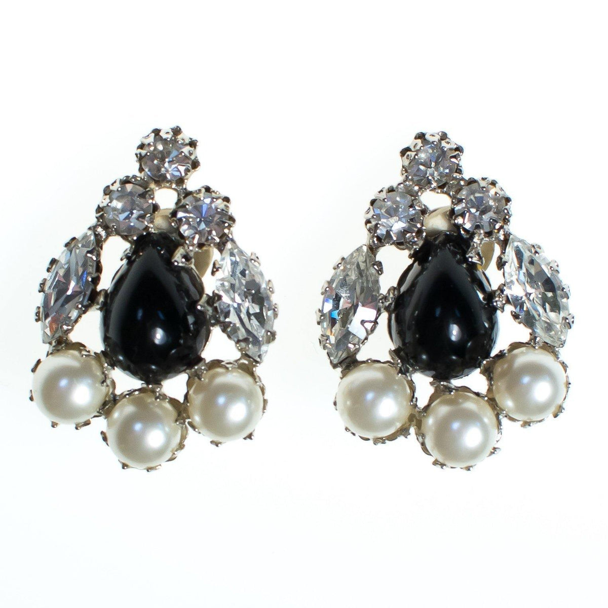 Vintage Schreiner Statement Earrings, Black Cabochons, Faux Pearls, Diamante Crystals, Silver Tone Setting, Clip-on
