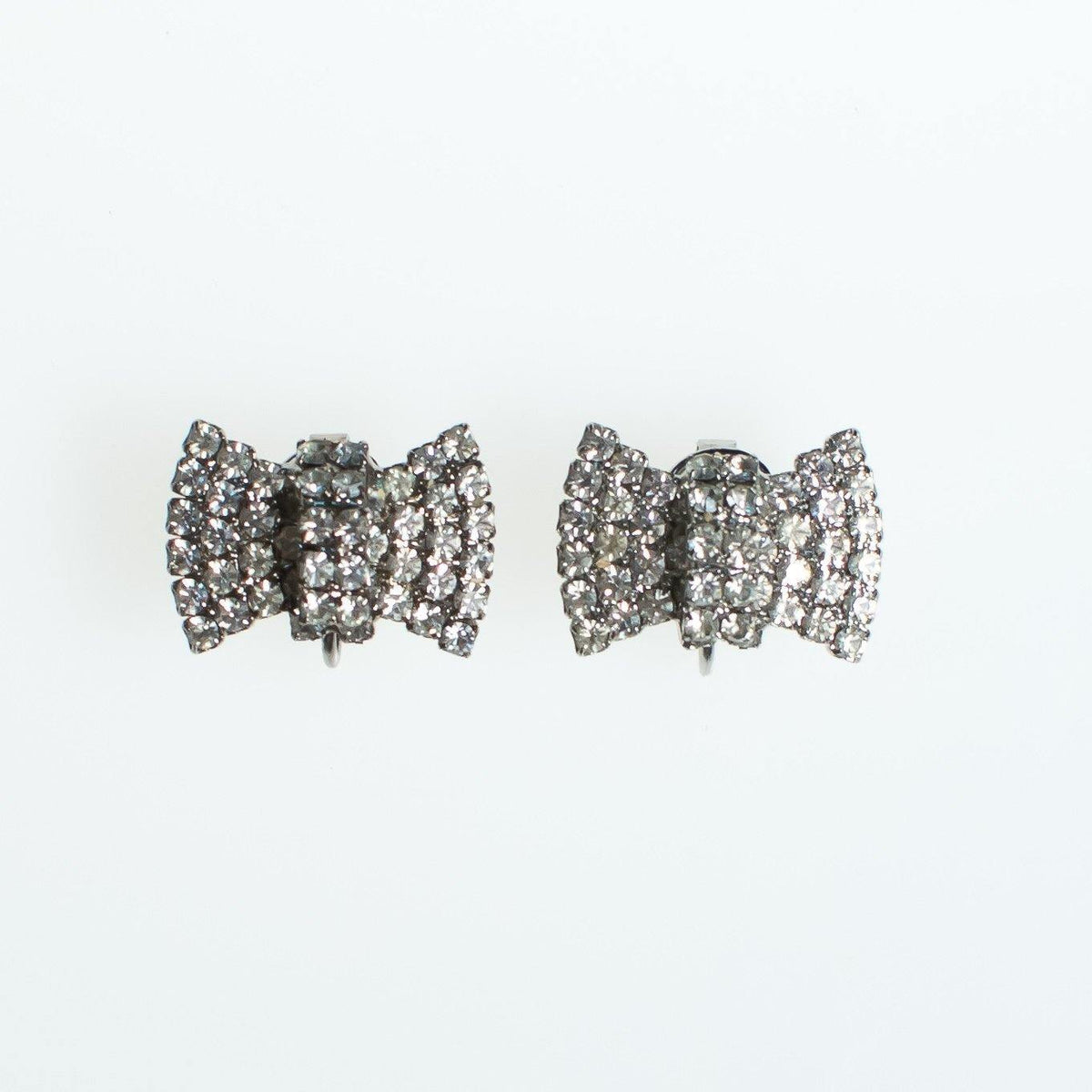 Vintage Rhinestone Bow Statement Earrings, Diamante Crystals, Silver Tone Setting, Clip-on