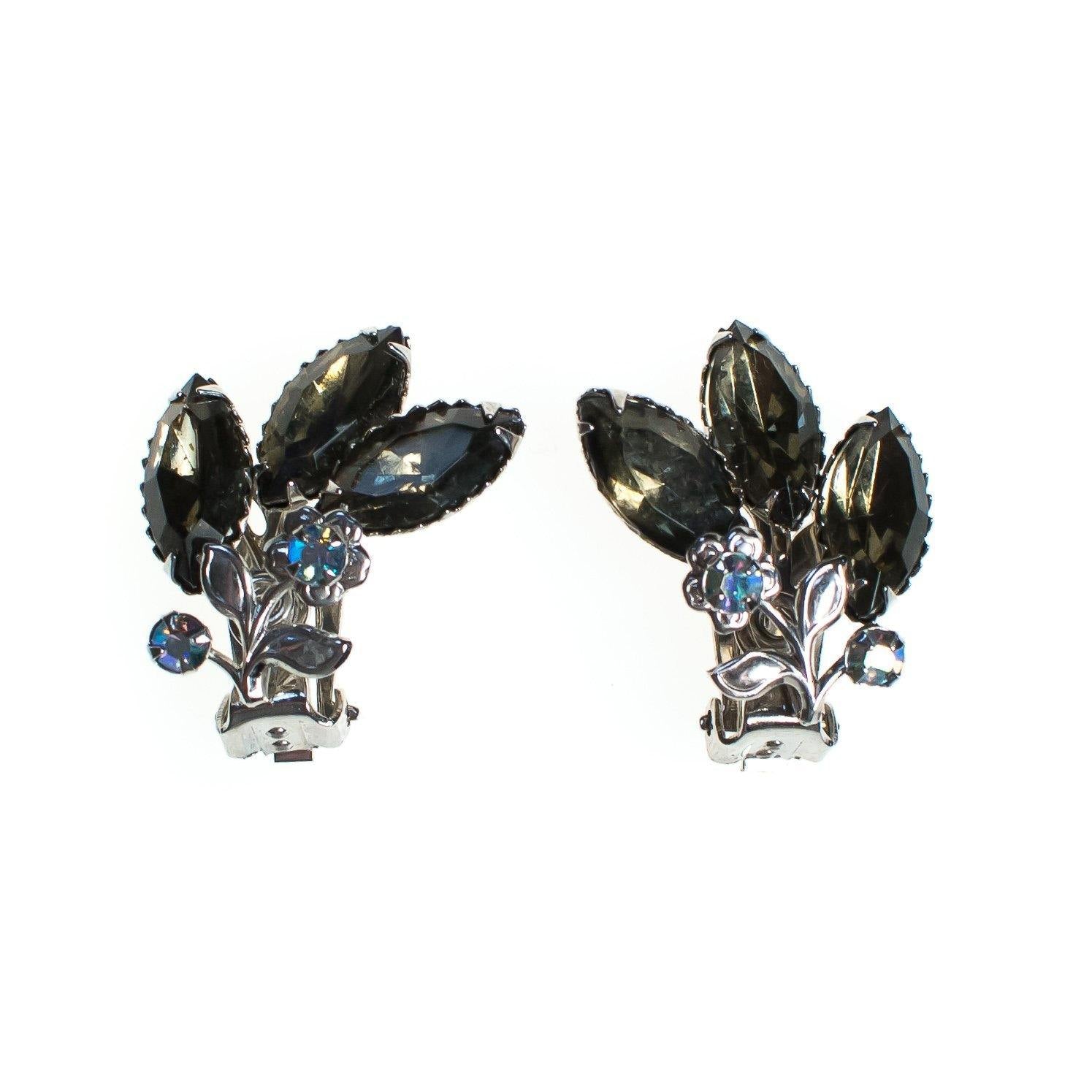 Vintage 1960s Smokey Gray Blue Aurora Borealis Rhinestones Ear Crawler Statement Earrings, Silver Tone Setting, Clip-on by 1960s - Vintage Meet Modern Vintage Jewelry - Chicago, Illinois - #oldhollywoodglamour #vintagemeetmodern #designervintage #jewelrybox #antiquejewelry #vintagejewelry