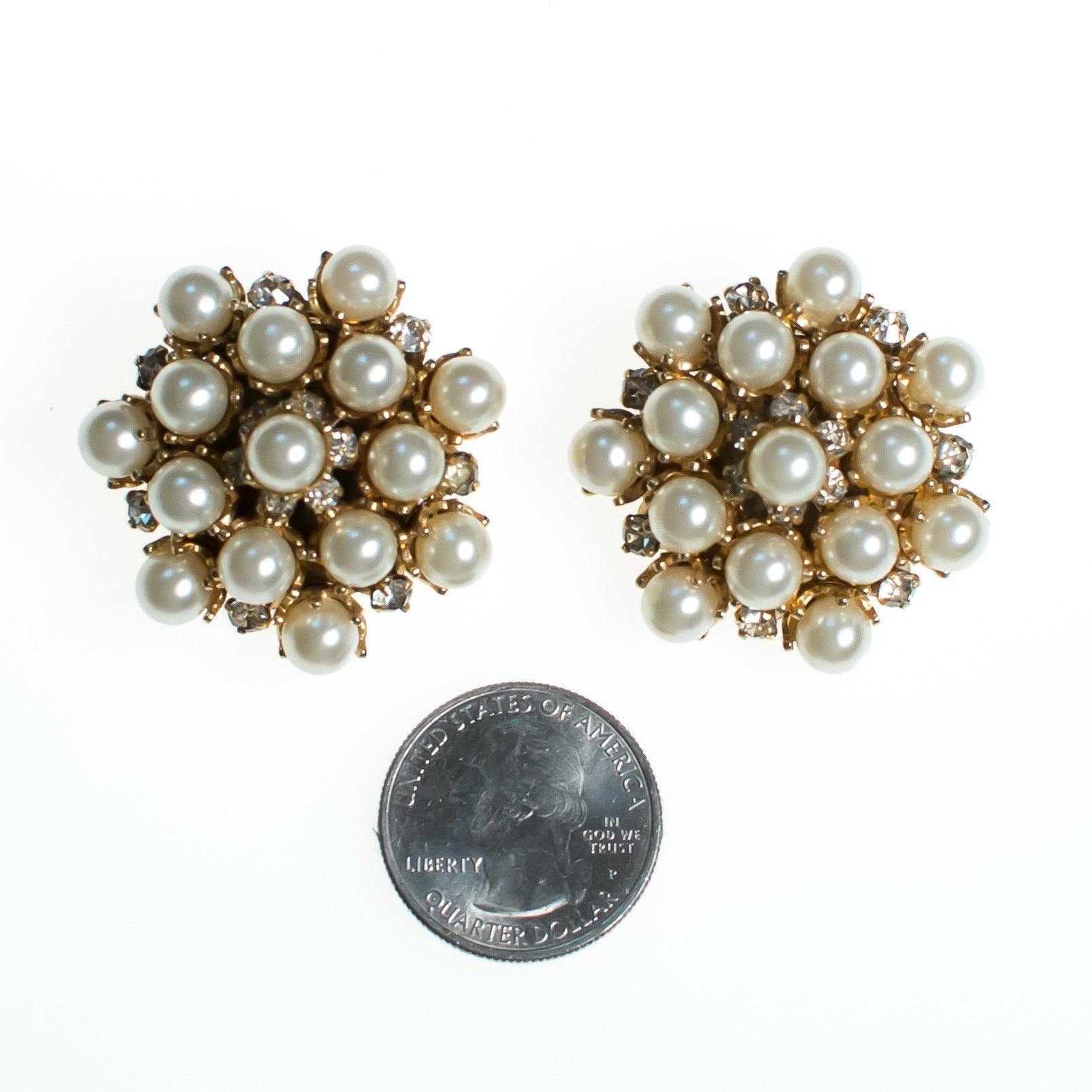 Vintage Leru Statement Earrings, Faux Pearls, Diamante Crystals, Gold Tone Setting, Clip-on by Leru - Vintage Meet Modern Vintage Jewelry - Chicago, Illinois - #oldhollywoodglamour #vintagemeetmodern #designervintage #jewelrybox #antiquejewelry #vintagejewelry
