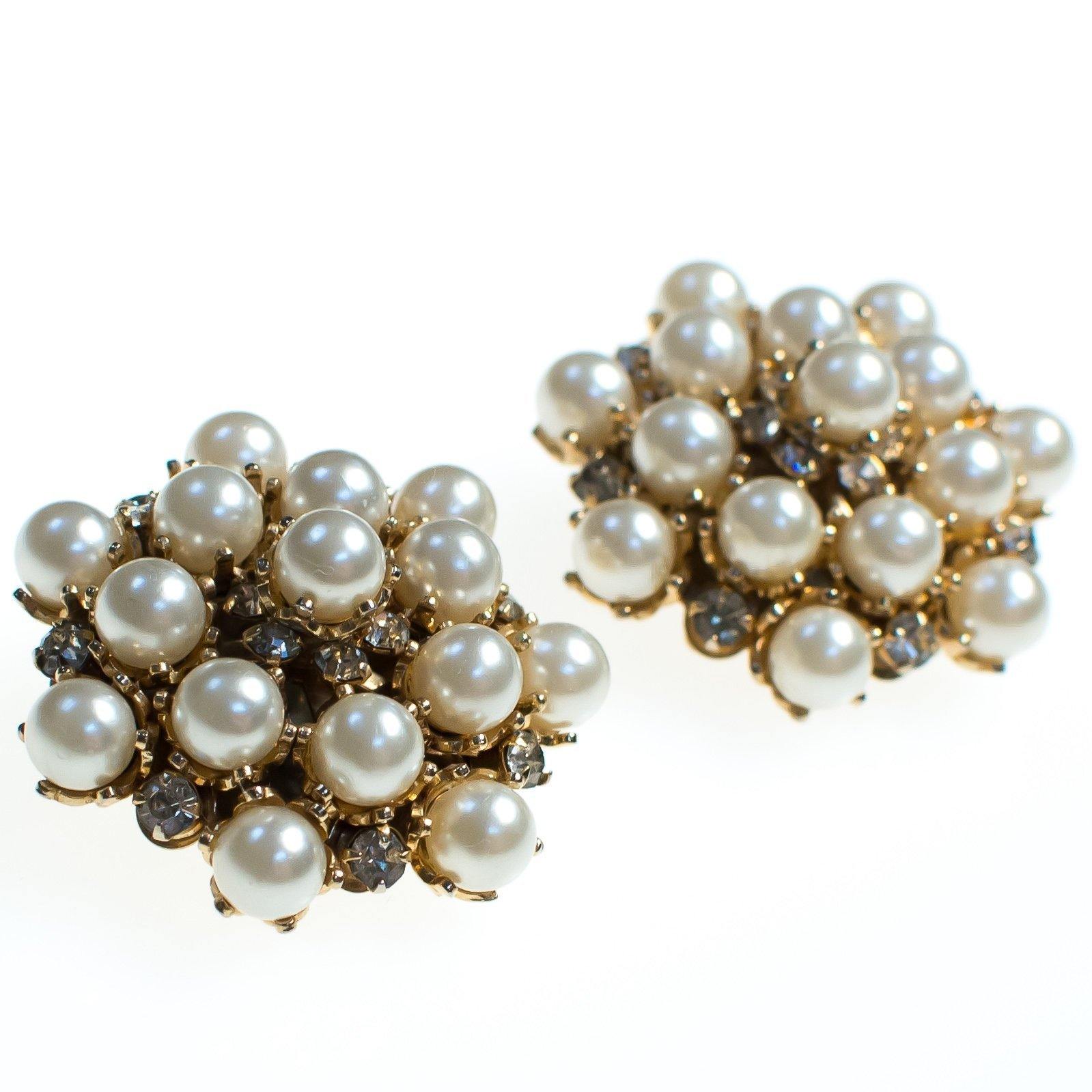 Vintage Leru Statement Earrings, Faux Pearls, Diamante Crystals, Gold Tone Setting, Clip-on by Leru - Vintage Meet Modern Vintage Jewelry - Chicago, Illinois - #oldhollywoodglamour #vintagemeetmodern #designervintage #jewelrybox #antiquejewelry #vintagejewelry