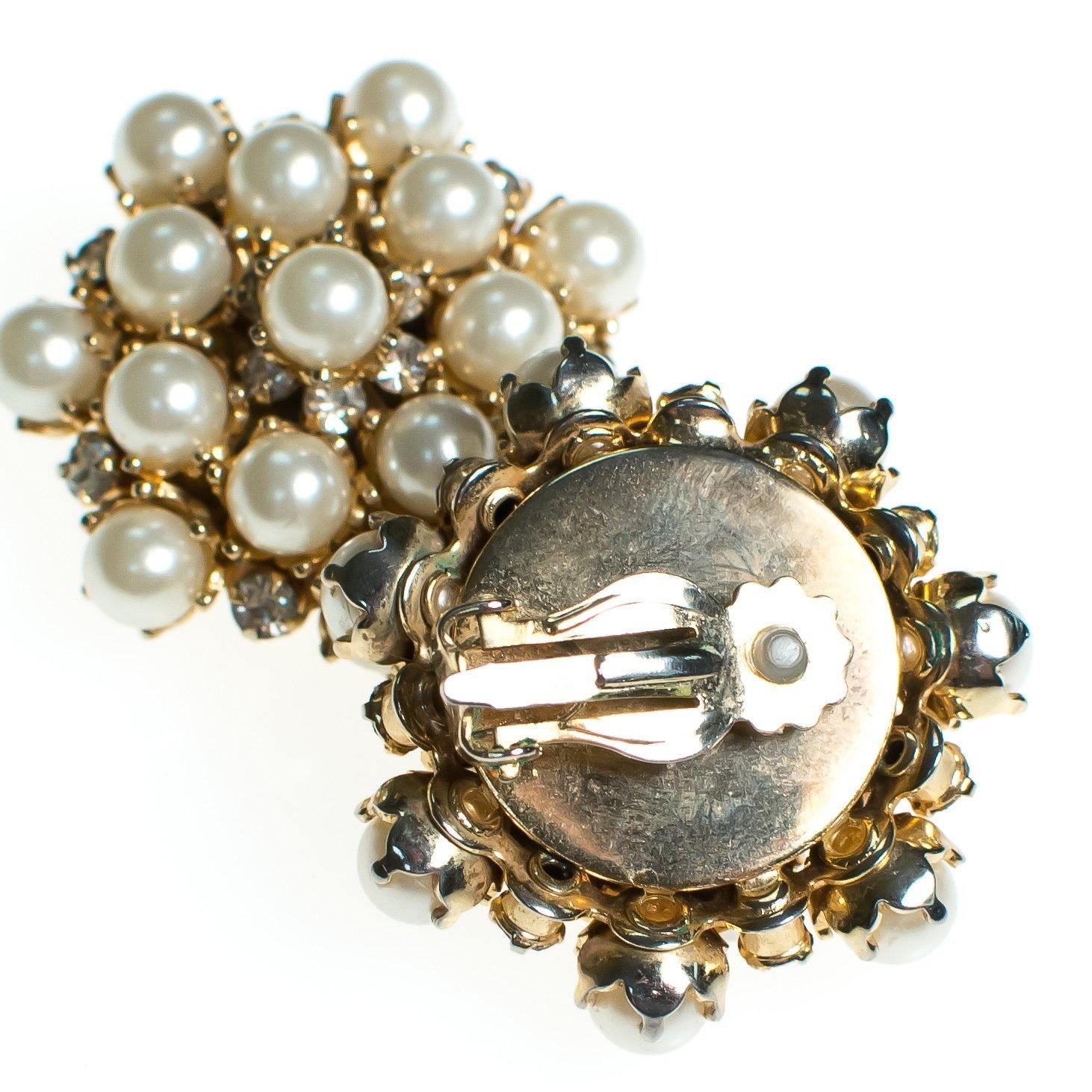Vintage Leru Statement Earrings, Faux Pearls, Diamante Crystals, Gold Tone Setting, Clip-on by Leru - Vintage Meet Modern Vintage Jewelry - Chicago, Illinois - #oldhollywoodglamour #vintagemeetmodern #designervintage #jewelrybox #antiquejewelry #vintagejewelry