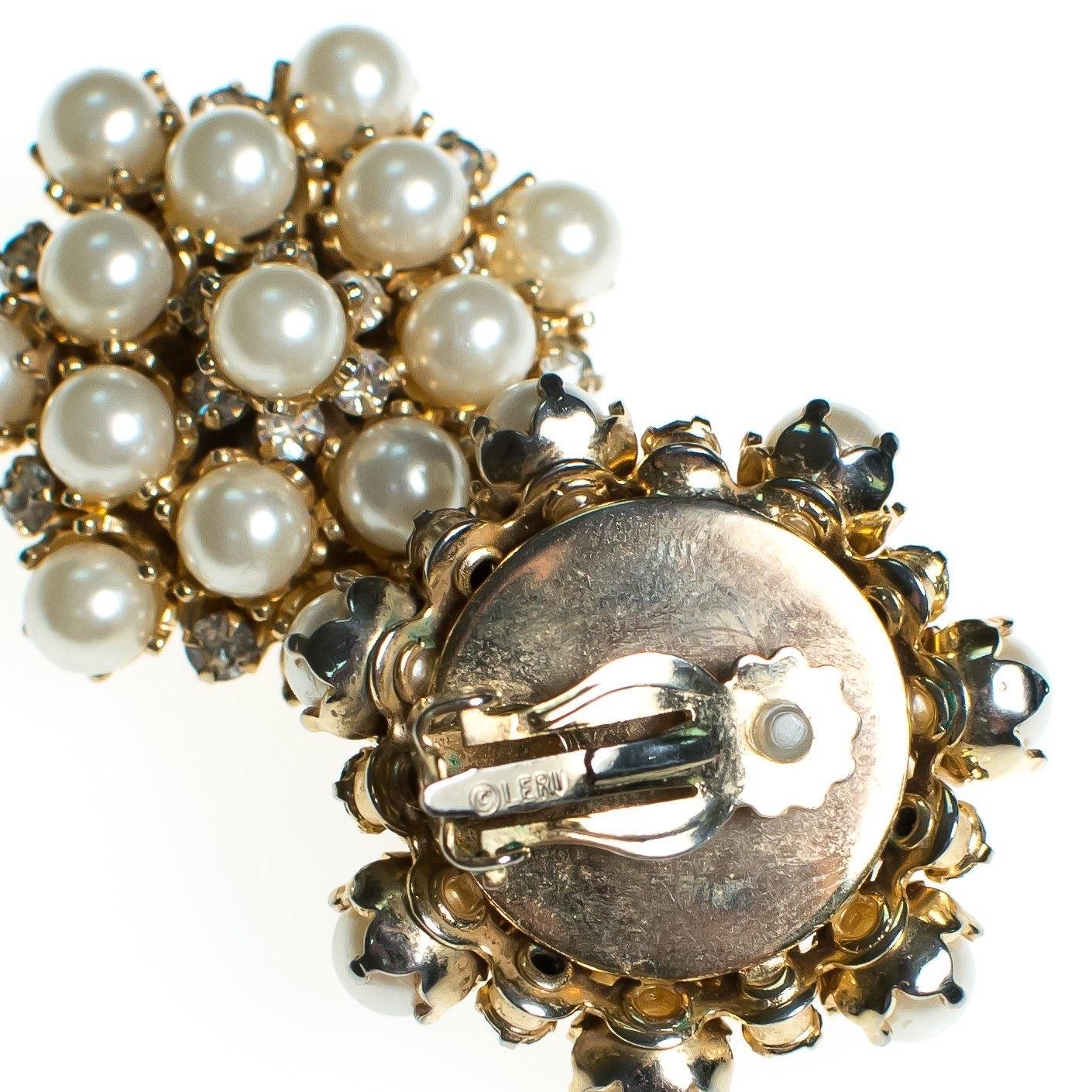 Vintage Leru Statement Earrings, Faux Pearls, Diamante Crystals, Gold Tone Setting, Clip-on by Leru - Vintage Meet Modern Vintage Jewelry - Chicago, Illinois - #oldhollywoodglamour #vintagemeetmodern #designervintage #jewelrybox #antiquejewelry #vintagejewelry